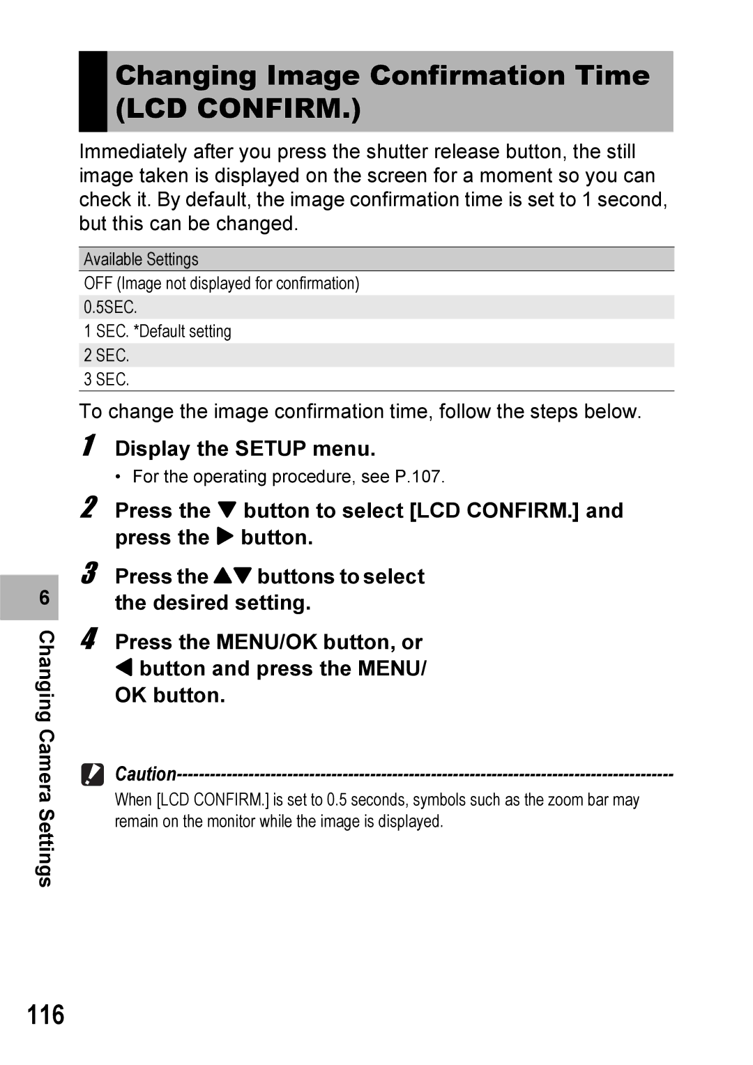 Ricoh 500SE manual Changing Image Confirmation Time LCD Confirm, 116 