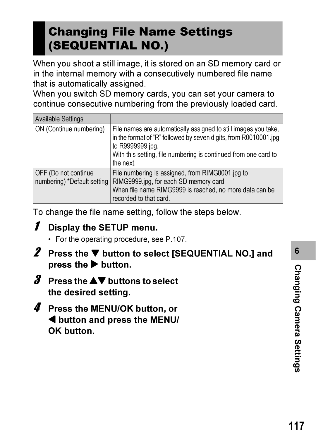 Ricoh 500SE manual Changing File Name Settings Sequential no, 117 