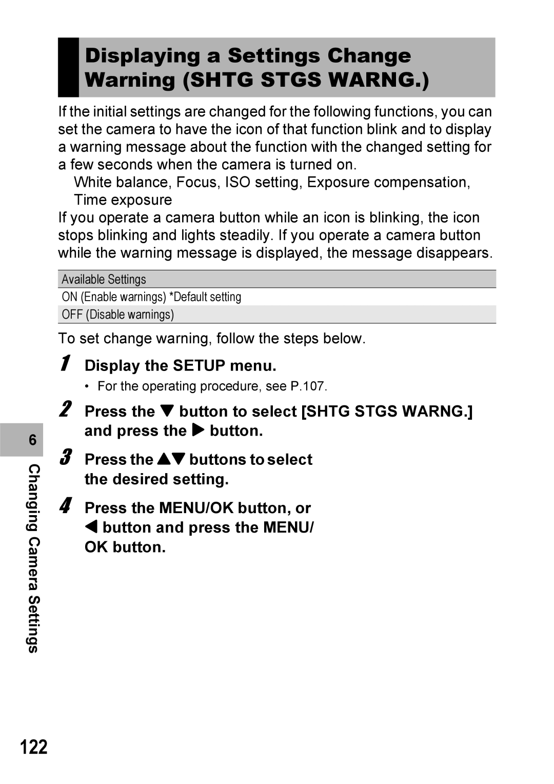 Ricoh 500SE manual Displaying a Settings Change Warning Shtg Stgs Warng, 122 