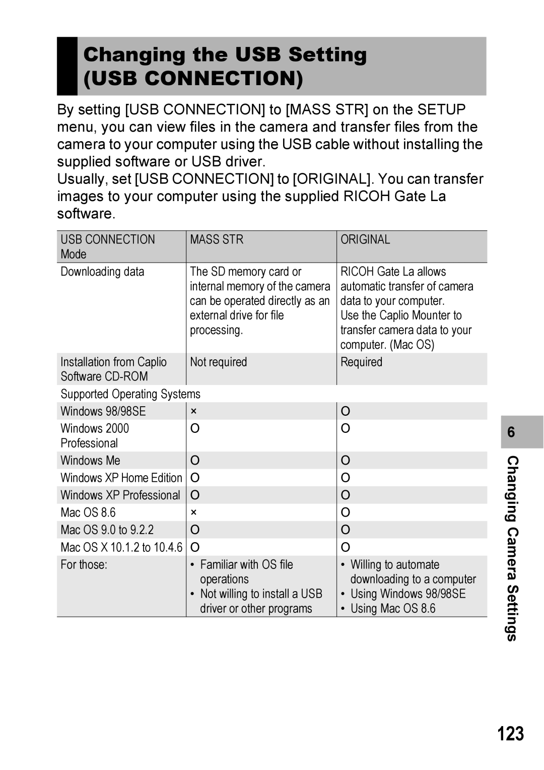 Ricoh 500SE manual Changing the USB Setting, 123, USB Connection Mass STR Original 