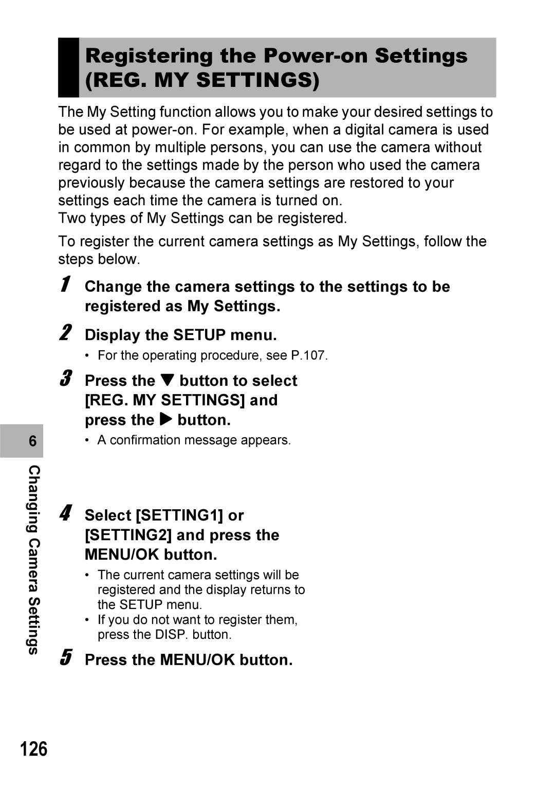 Ricoh 500SE manual Registering the Power-on Settings, REG. MY Settings, 126 