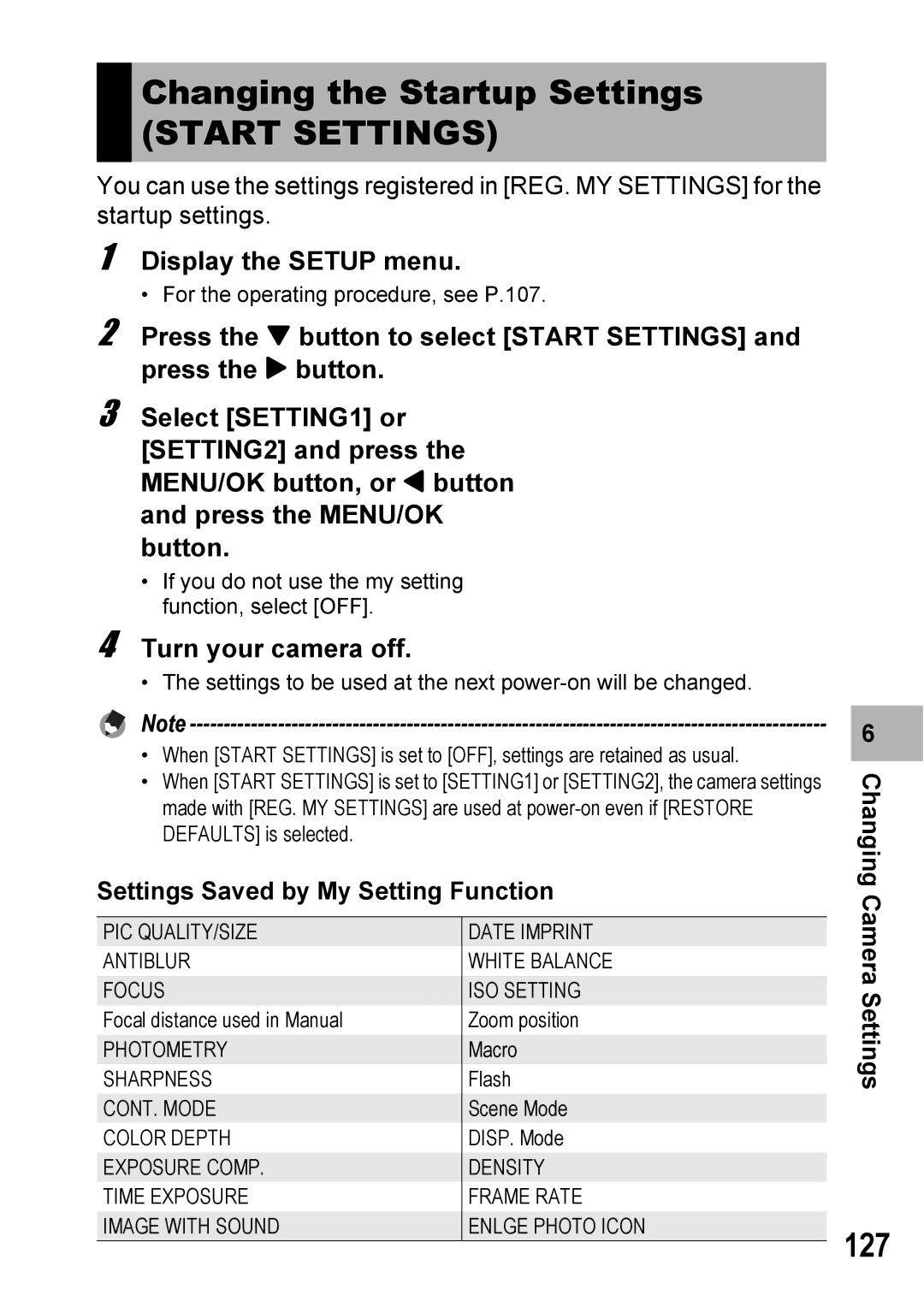 Ricoh 500SE manual Changing the Startup Settings, Start Settings, 127, Turn your camera off 