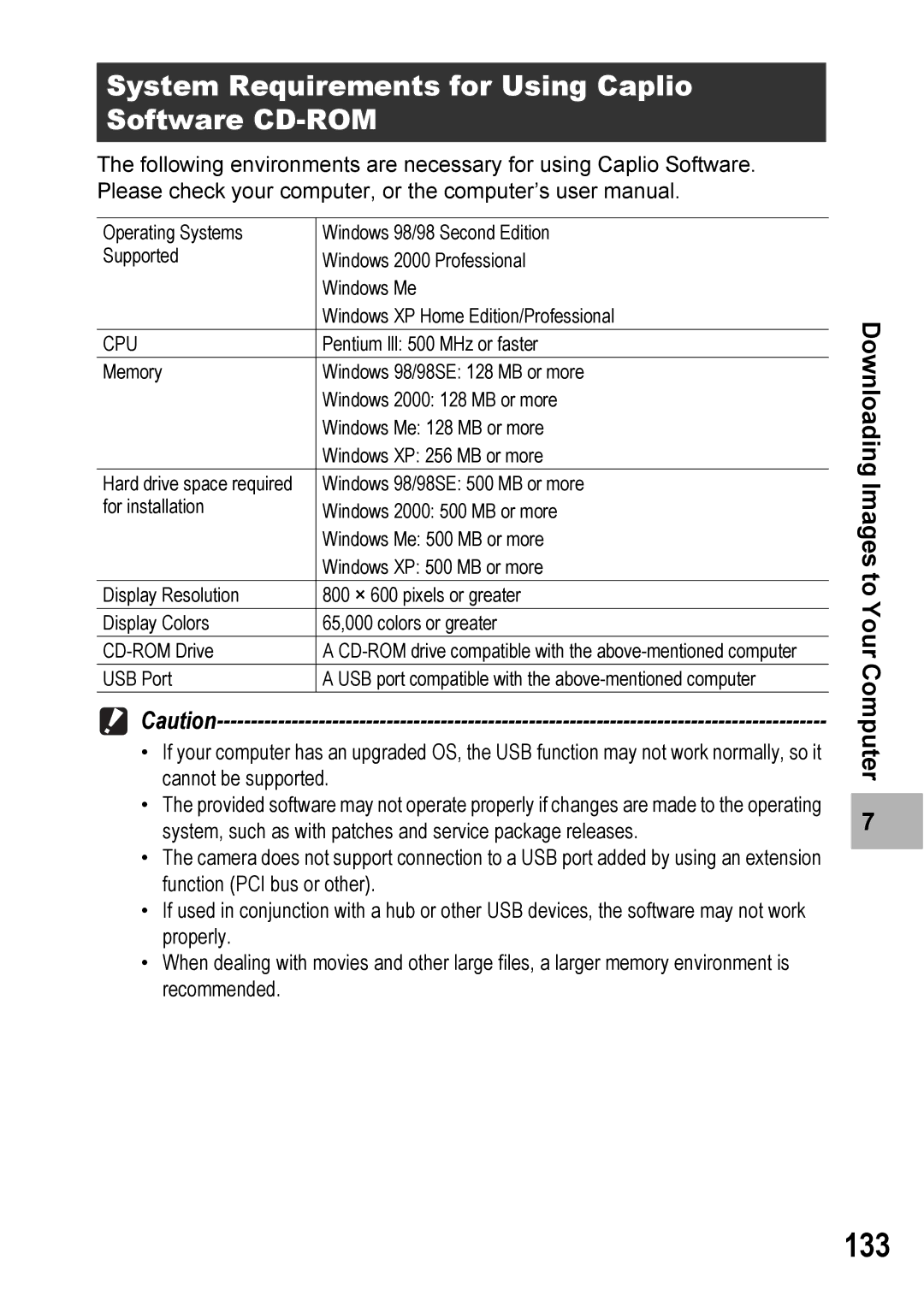 Ricoh 500SE manual 133, System Requirements for Using Caplio Software CD-ROM 