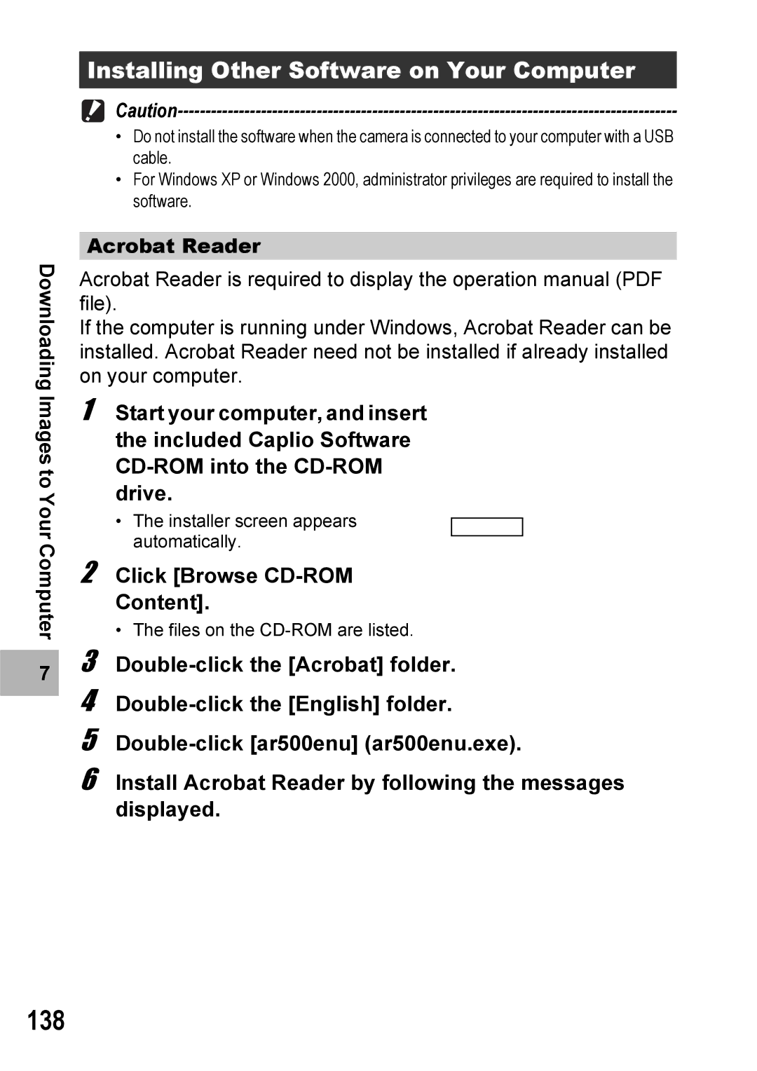 Ricoh 500SE manual 138, Installing Other Software on Your Computer, Click Browse CD-ROM Content, Acrobat Reader 