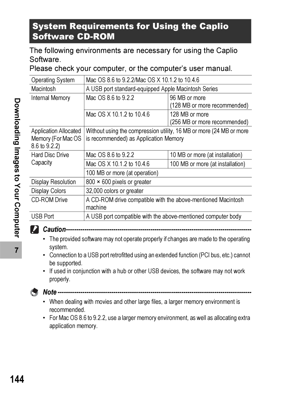 Ricoh 500SE manual 144, System Requirements for Using the Caplio Software CD-ROM 