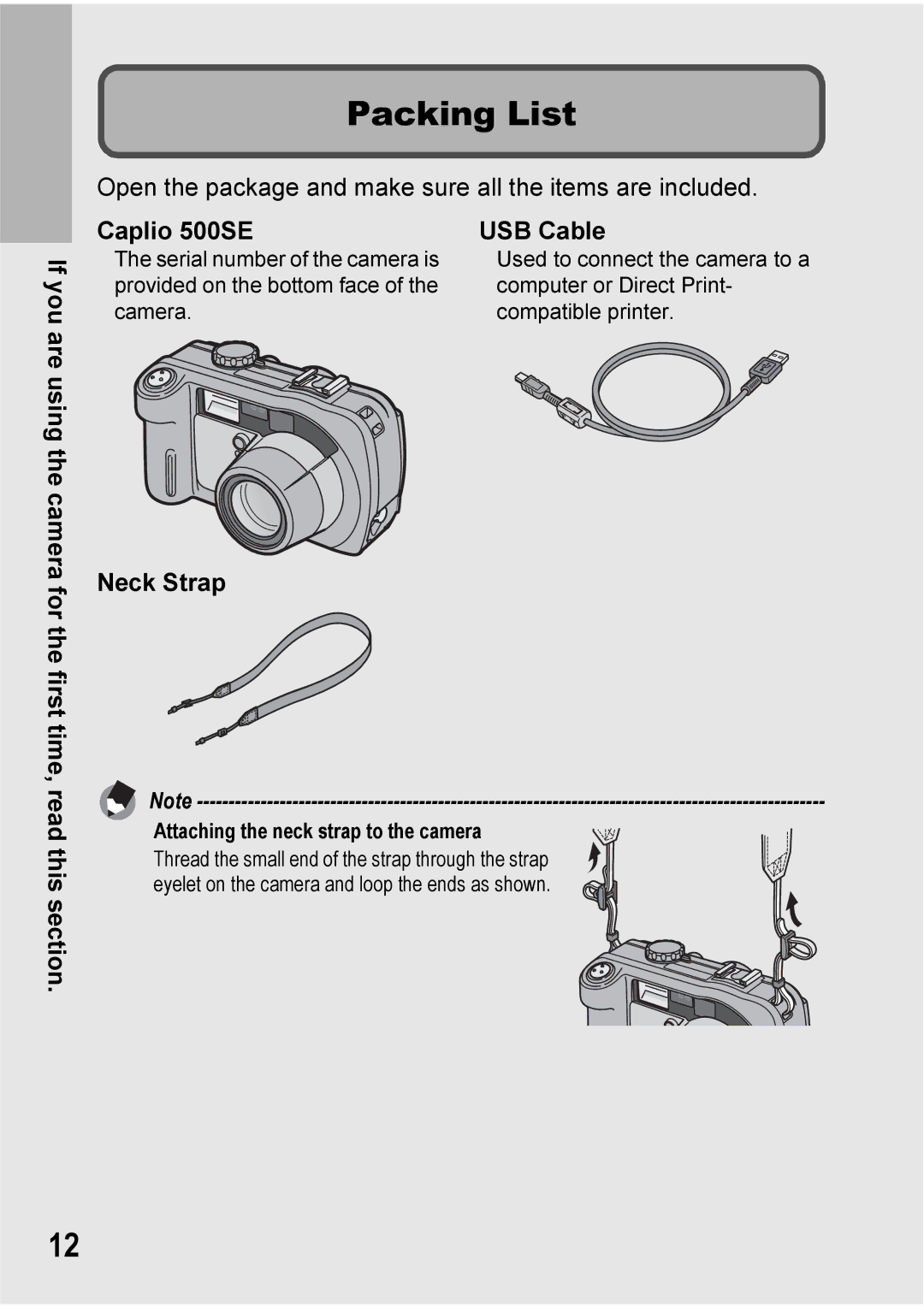 Ricoh manual Packing List, Caplio 500SE USB Cable, Neck Strap 