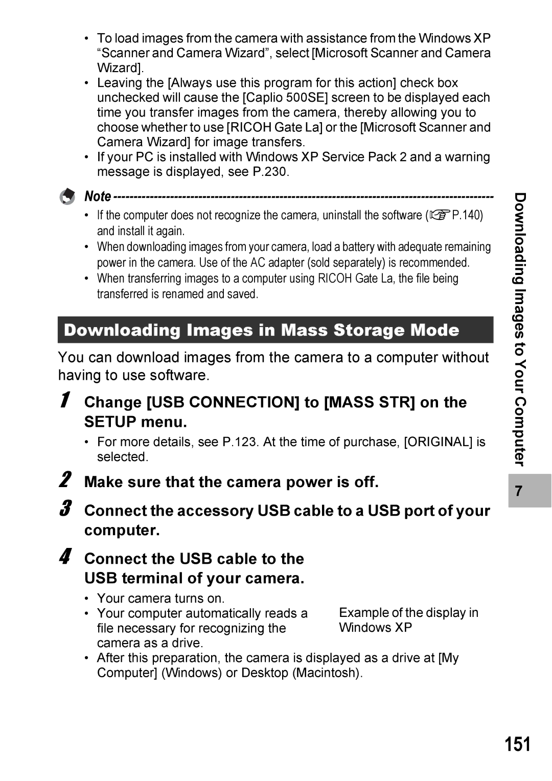 Ricoh 500SE manual 151, Downloading Images in Mass Storage Mode, Change USB Connection to Mass STR on, Setup menu, Your 