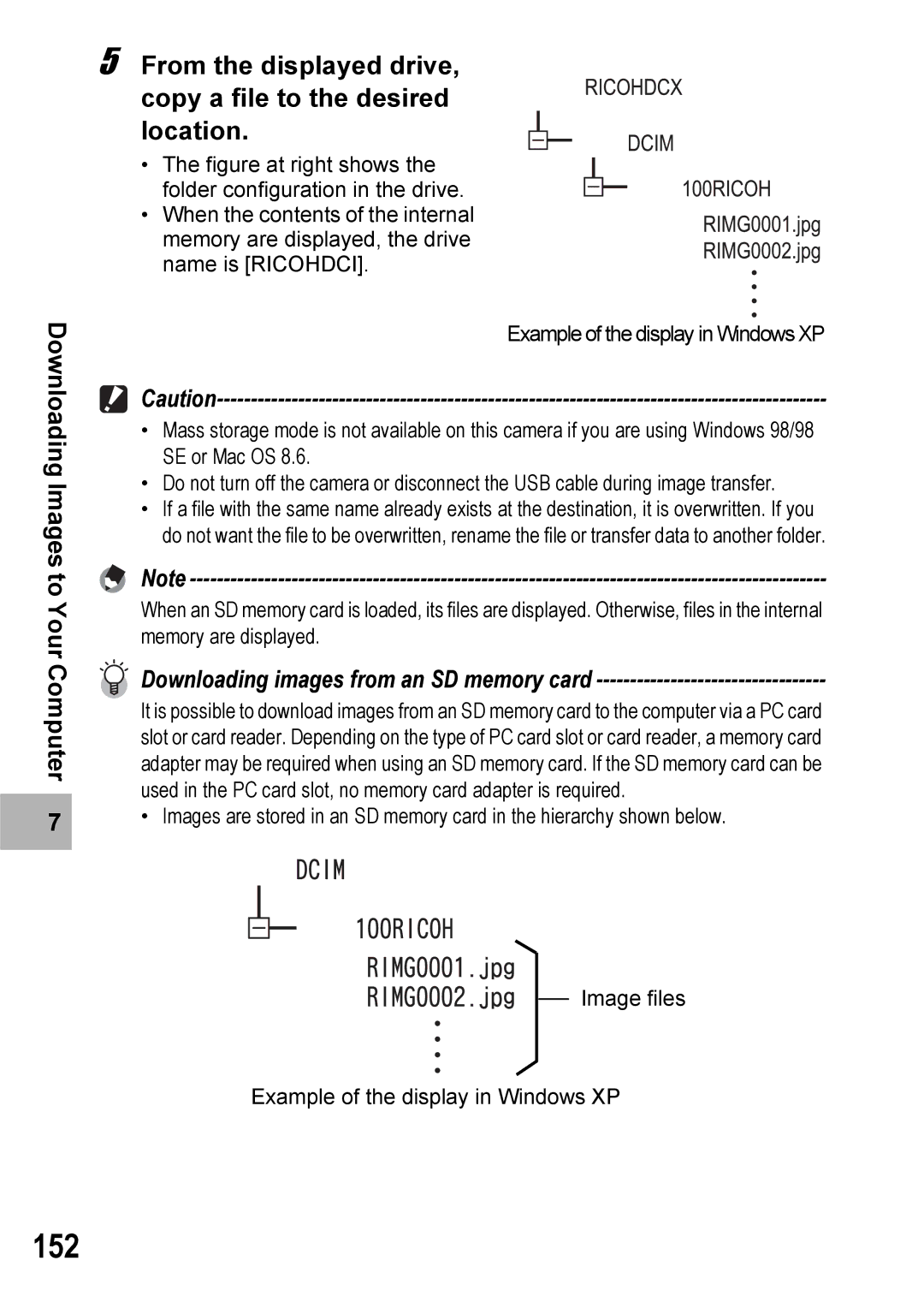 Ricoh 500SE manual 152, Downloading images from an SD memory card 