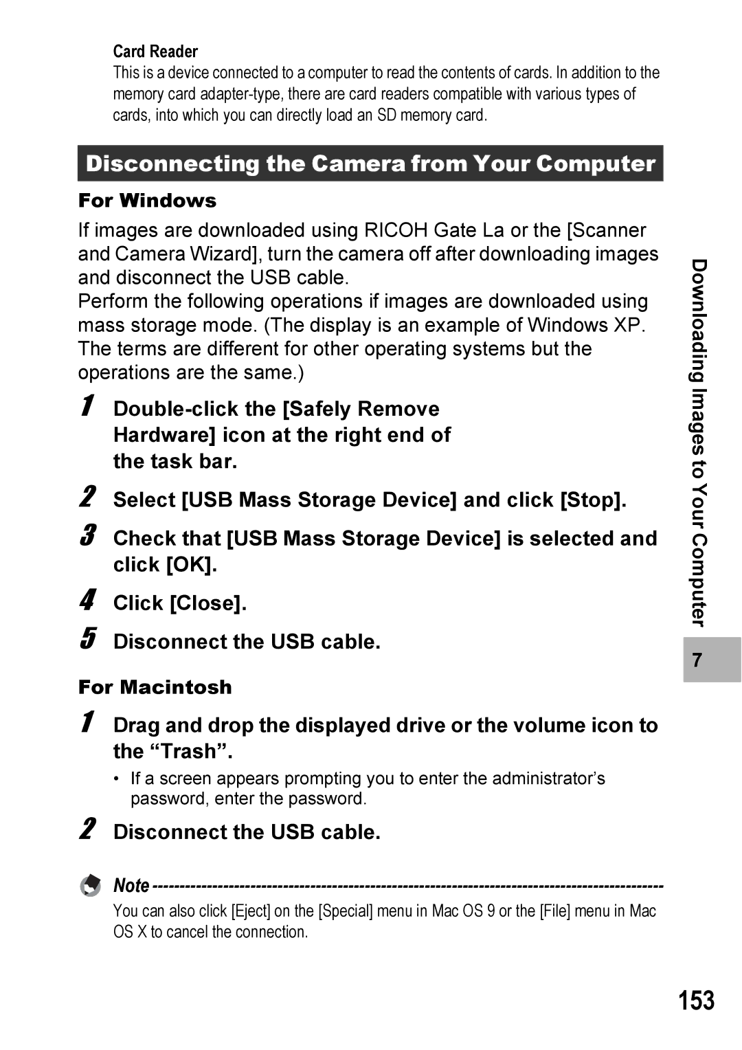 Ricoh 500SE manual 153, Disconnecting the Camera from Your Computer, For Windows, For Macintosh 