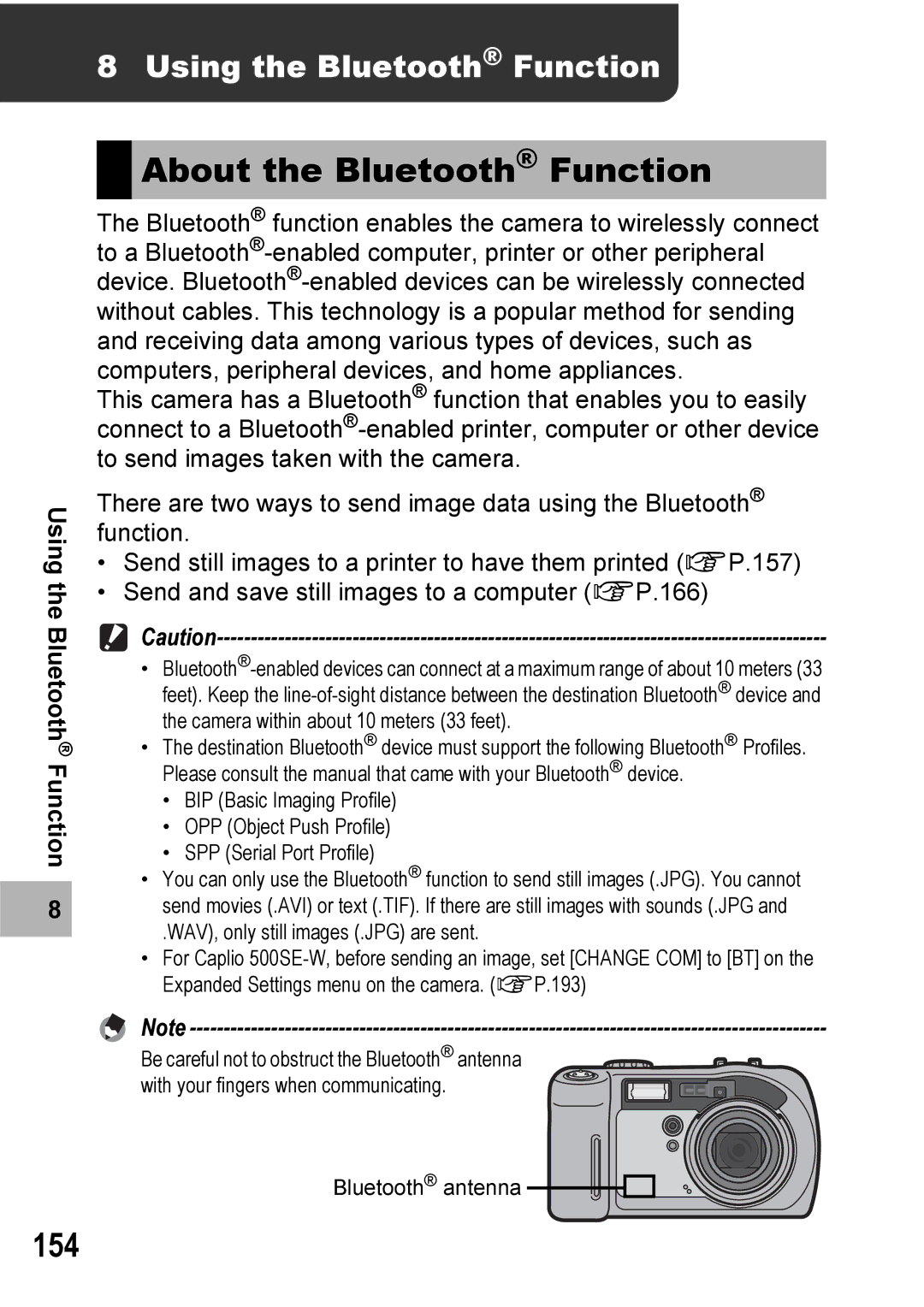 Ricoh 500SE manual About the Bluetooth Function, 154, Using the Bluetooth Function 