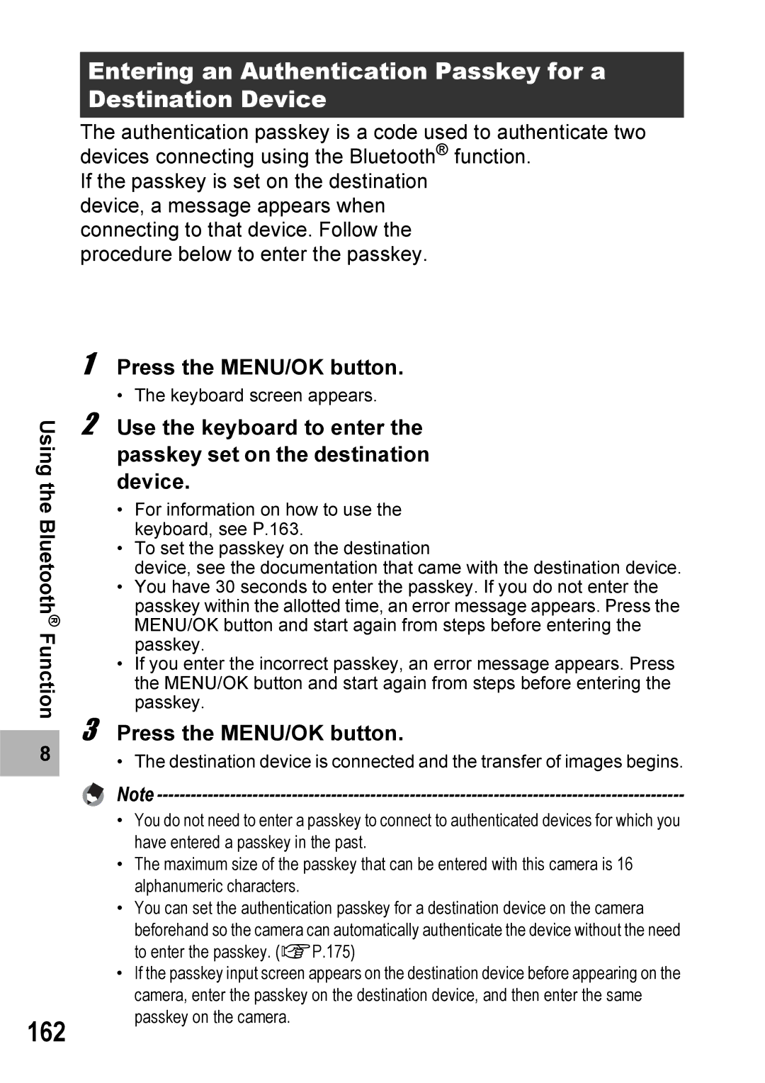 Ricoh 500SE manual 162, Entering an Authentication Passkey for a Destination Device 