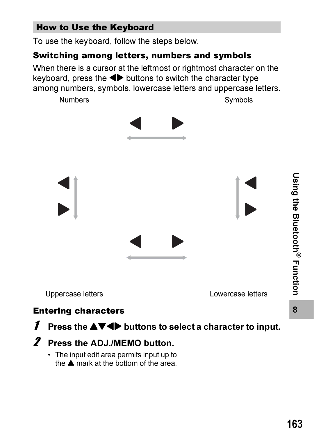 Ricoh 500SE manual 163, Press the !#$ buttons to select a character to input, Press the ADJ./MEMO button 