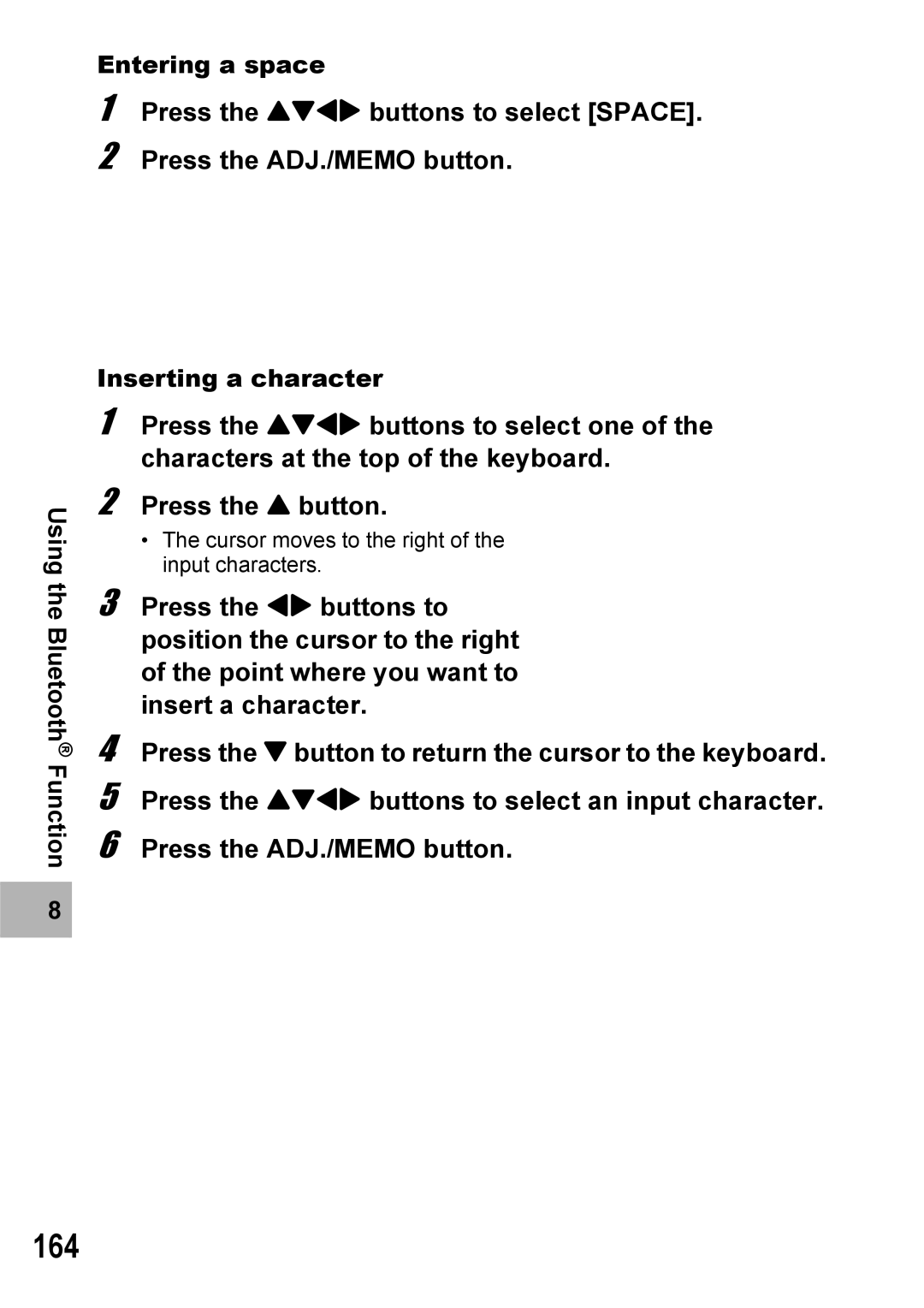 Ricoh 500SE manual 164, Using the Bluetooth Function Entering a space, Inserting a character 