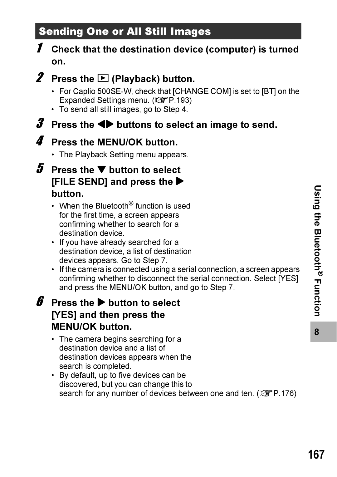 Ricoh 500SE manual 167, Sending One or All Still Images, Press the button to select File Send and press the $ button 