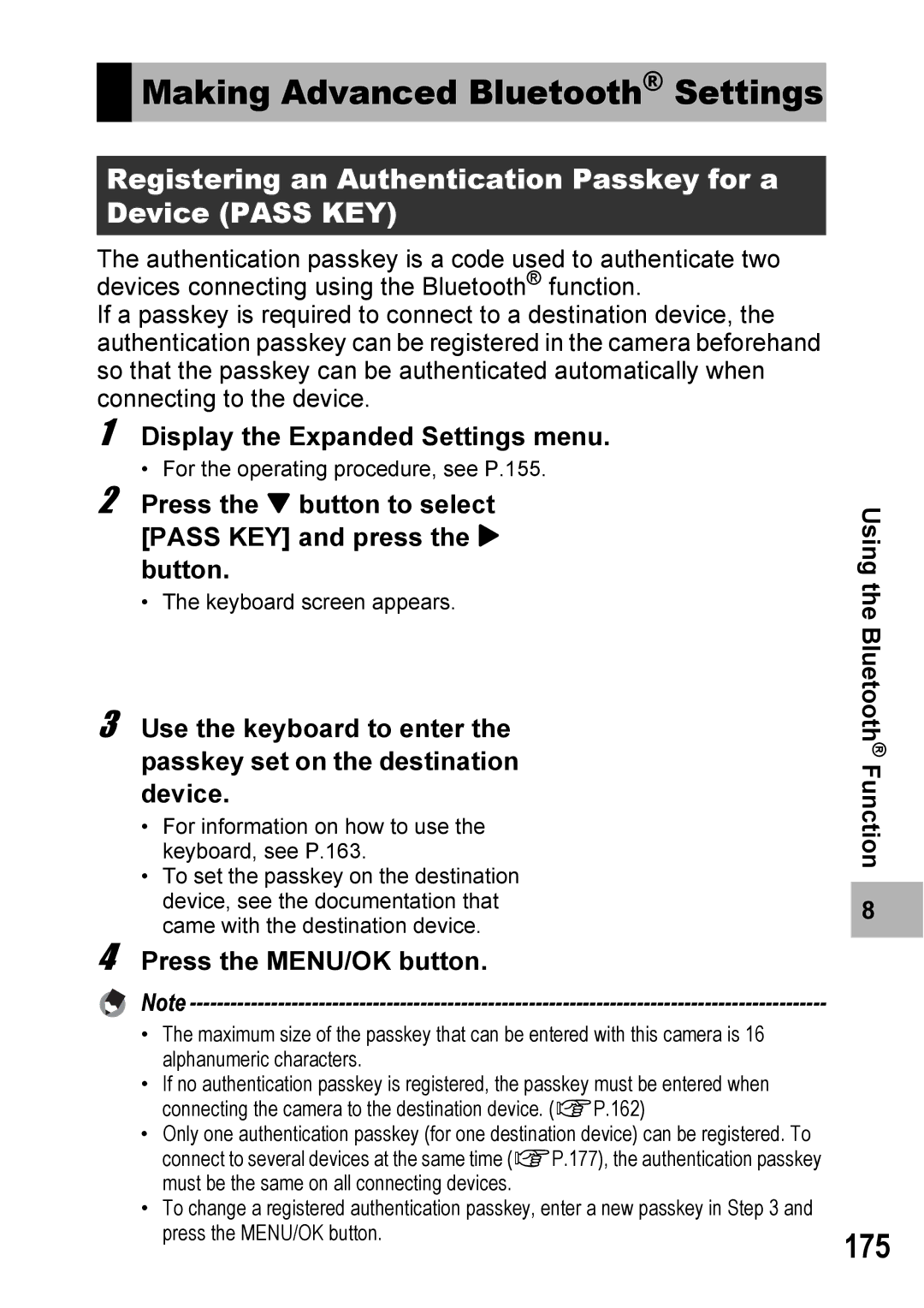 Ricoh 500SE manual Making Advanced Bluetooth Settings, 175, Registering an Authentication Passkey for a Device Pass KEY 