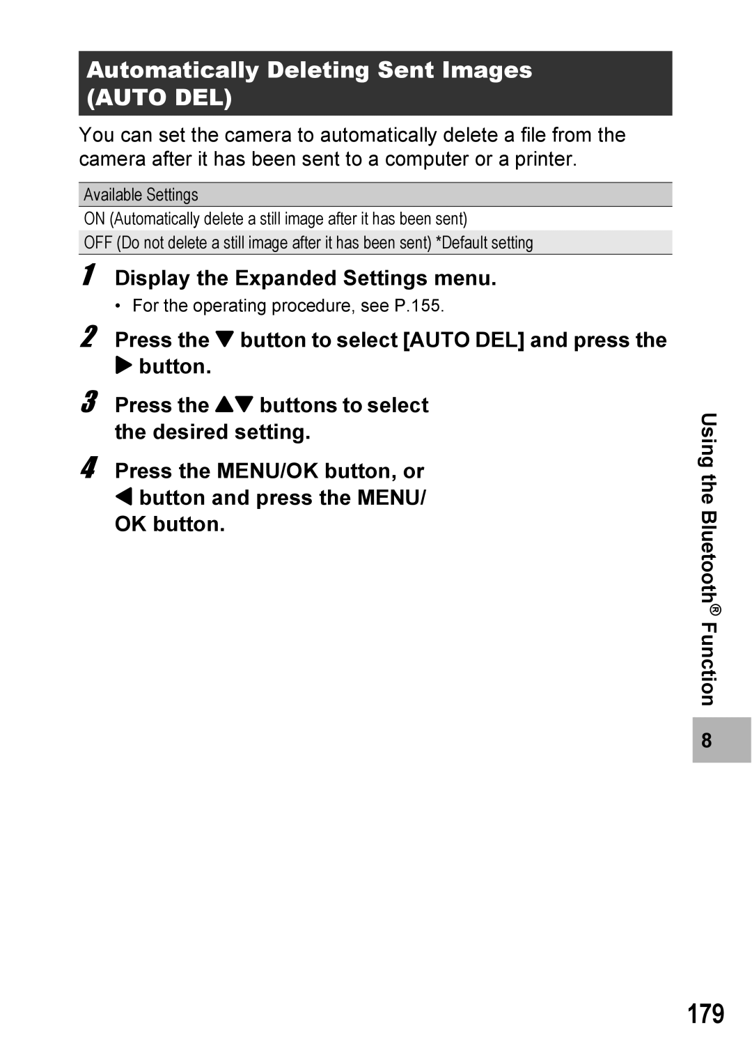 Ricoh 500SE manual 179, Automatically Deleting Sent Images Auto DEL 