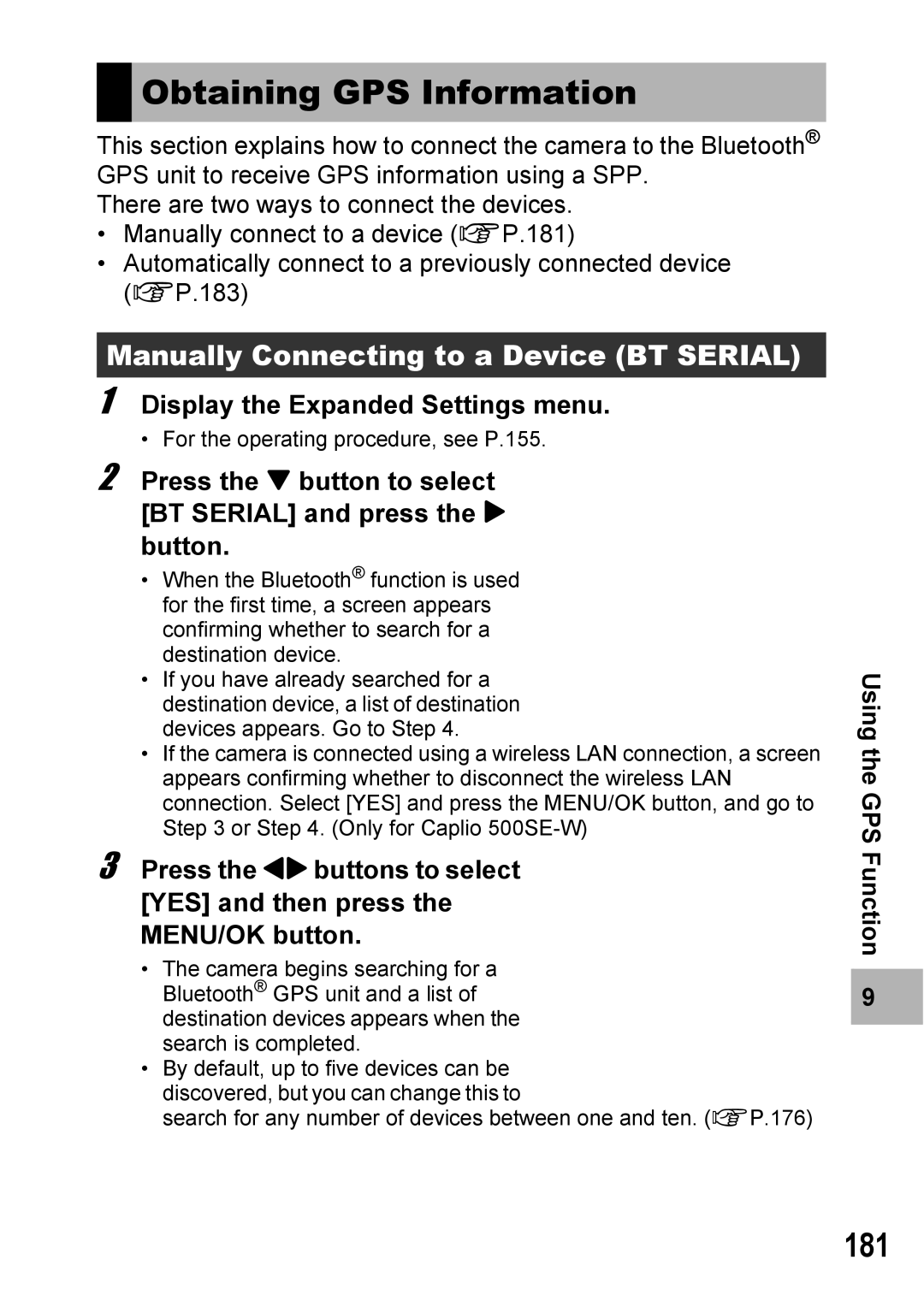 Ricoh 500SE manual Obtaining GPS Information, 181, Manually Connecting to a Device BT Serial 