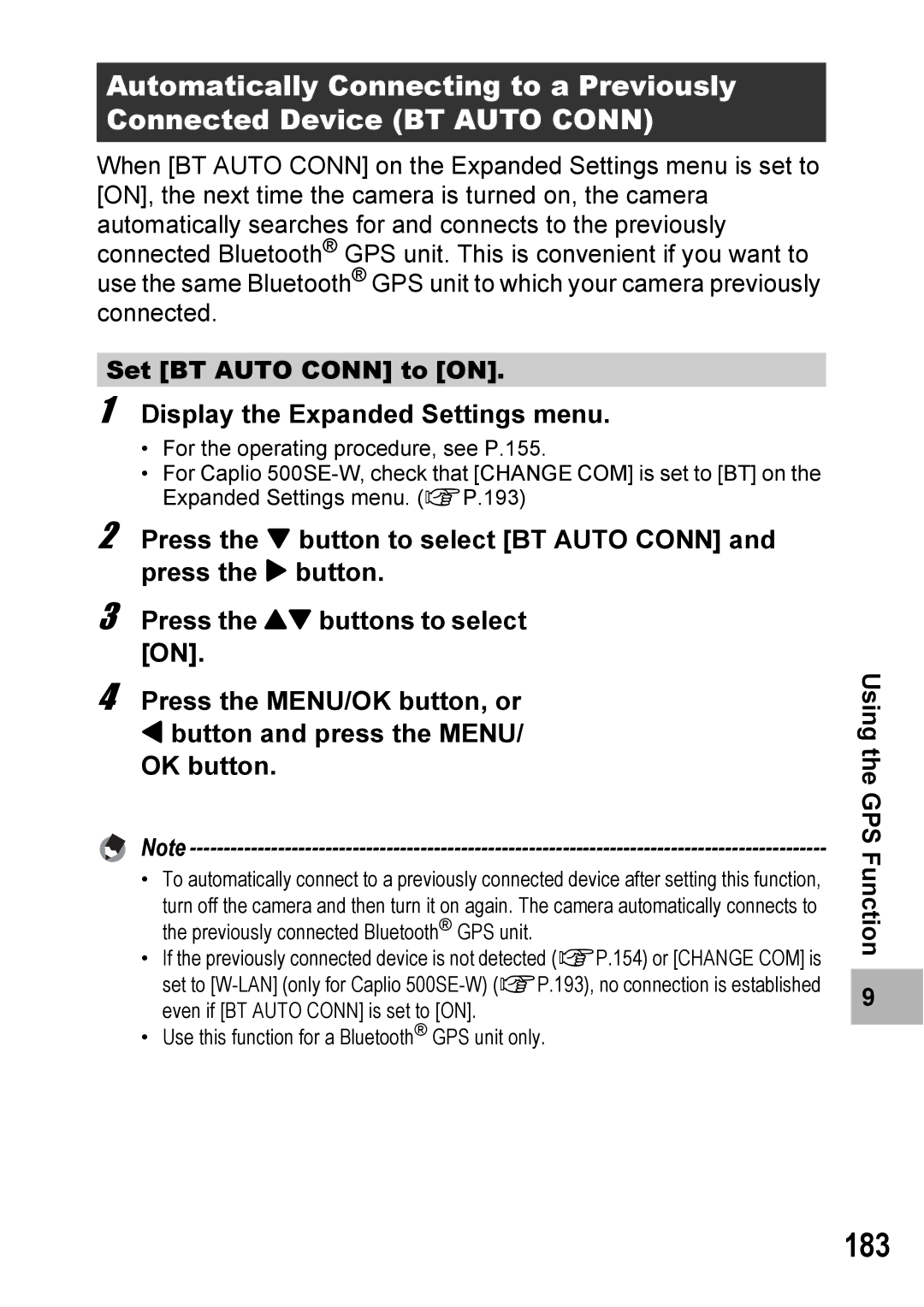 Ricoh 500SE manual 183, Set BT Auto Conn to on 