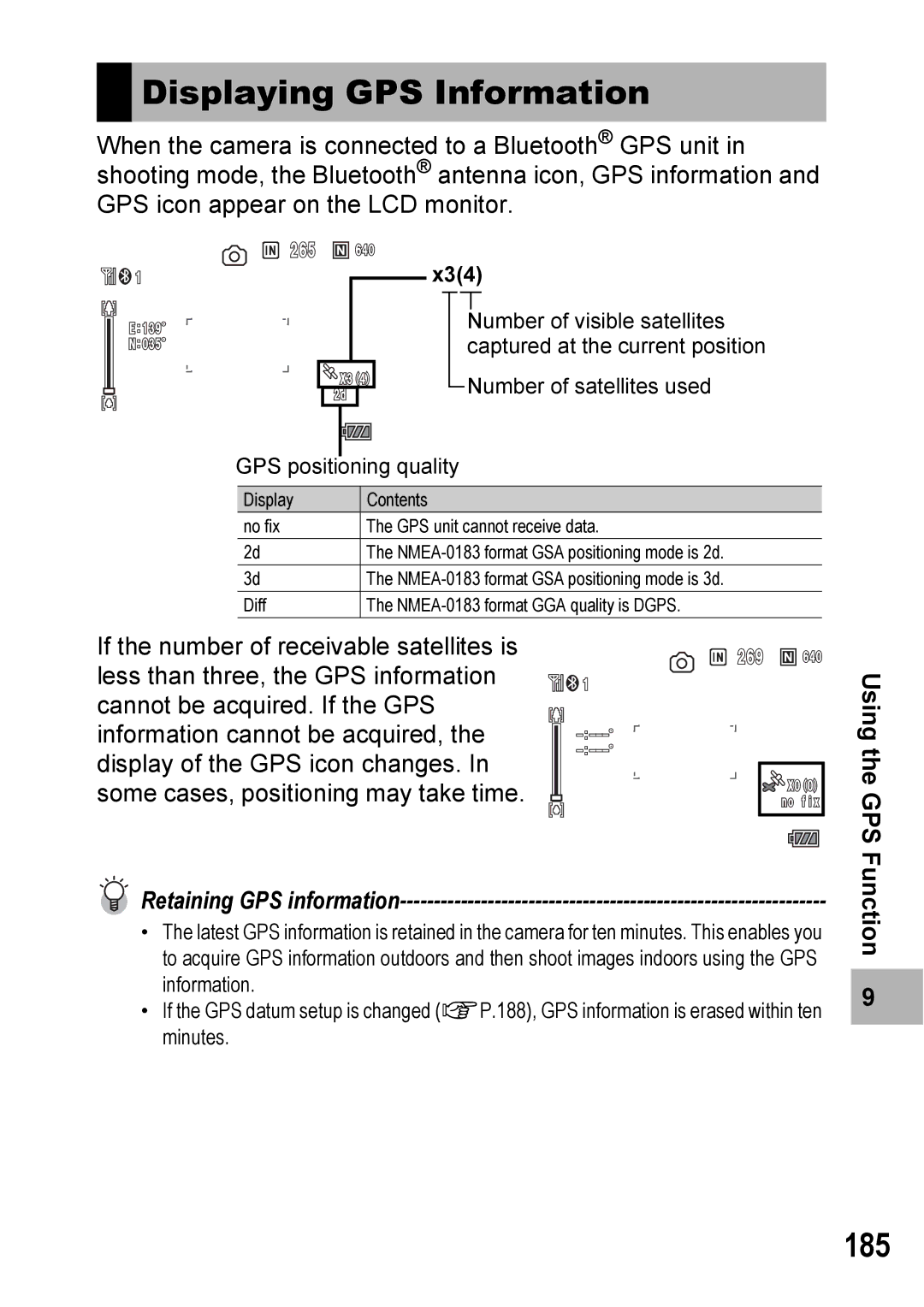 Ricoh 500SE manual Displaying GPS Information, 185 