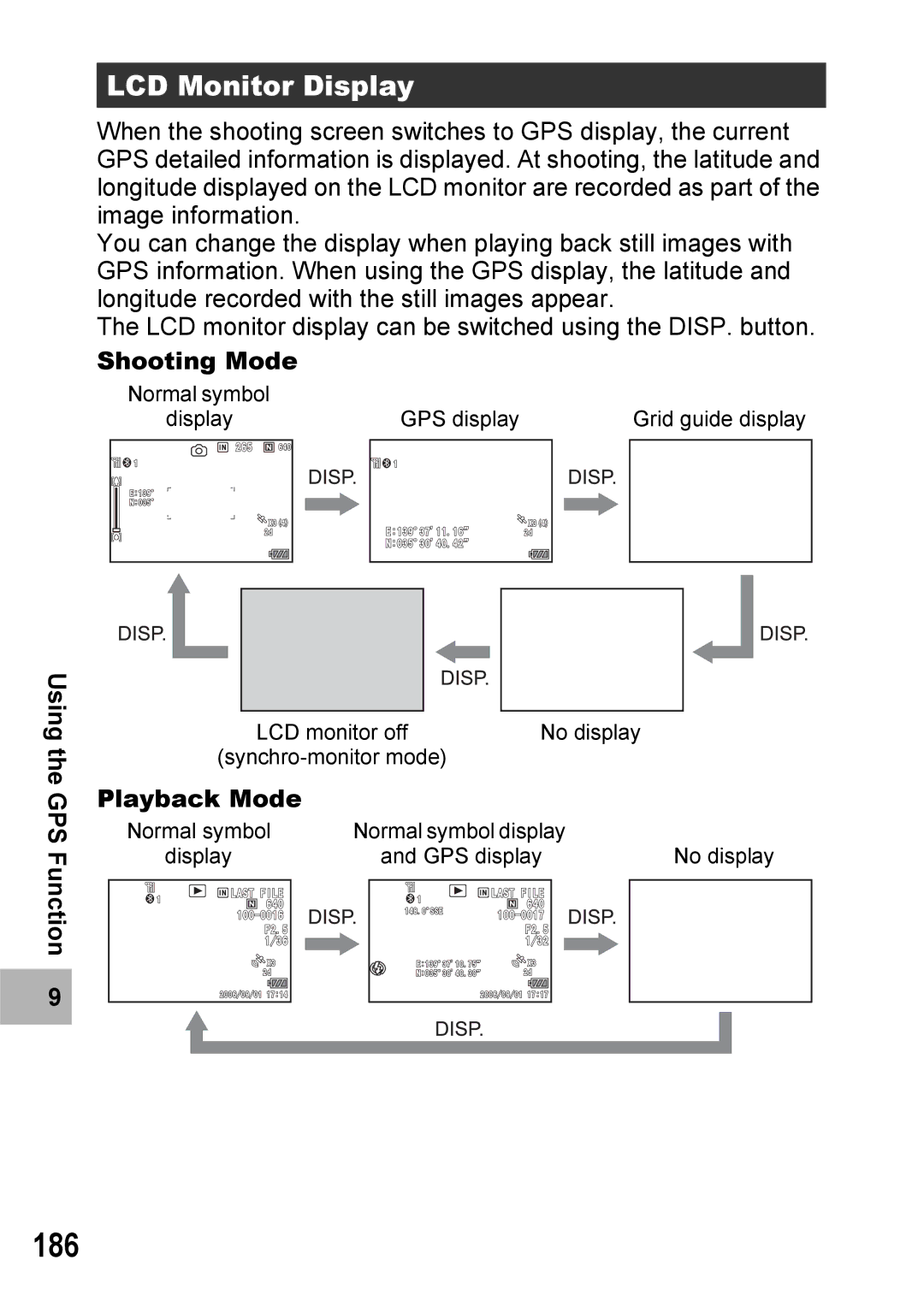 Ricoh 500SE manual 186, LCD Monitor Display, Shooting Mode, Playback Mode 