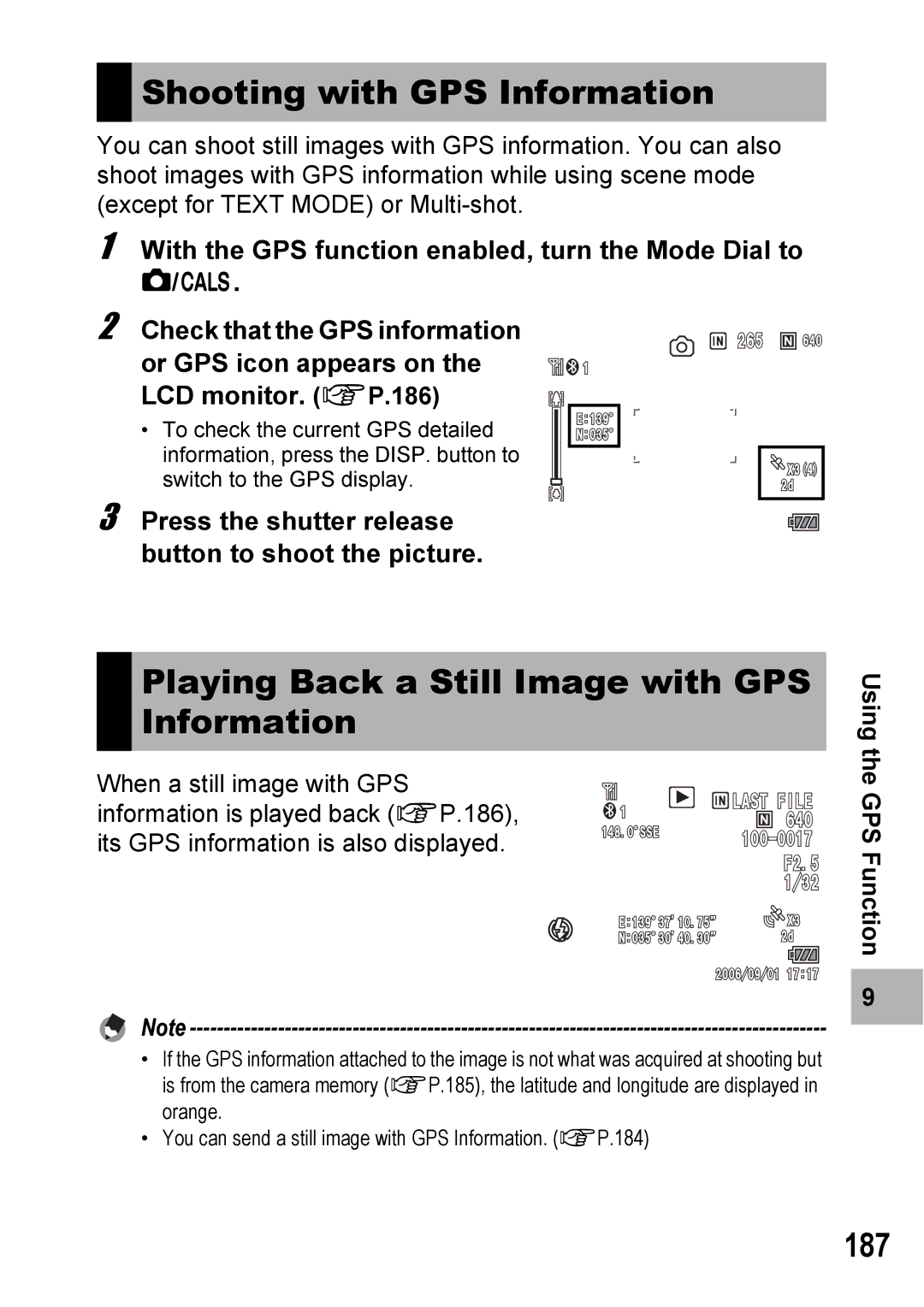 Ricoh 500SE manual Shooting with GPS Information, Playing Back a Still Image with GPS Information, 187 