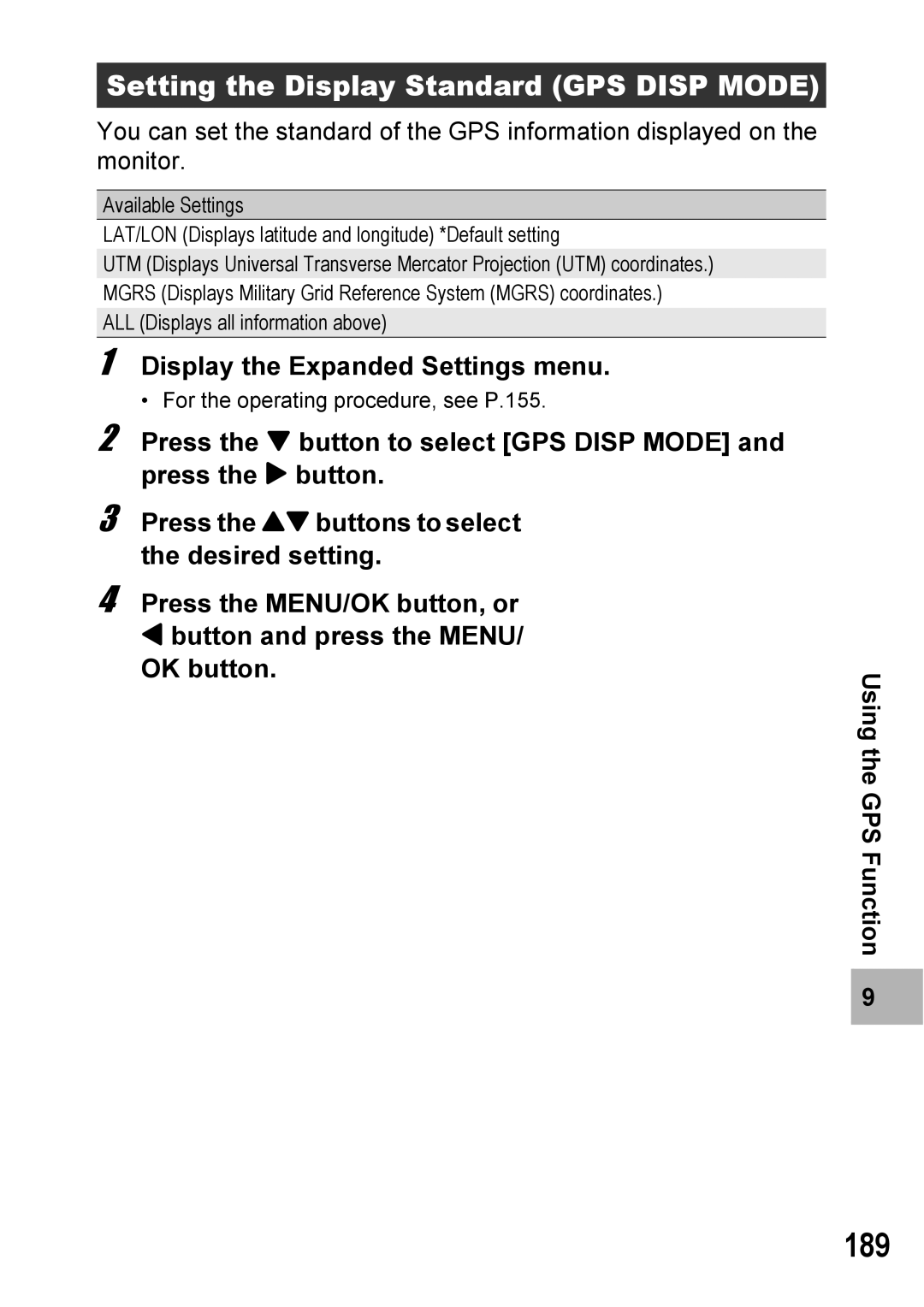 Ricoh 500SE manual 189, Setting the Display Standard GPS Disp Mode, GPS Function 