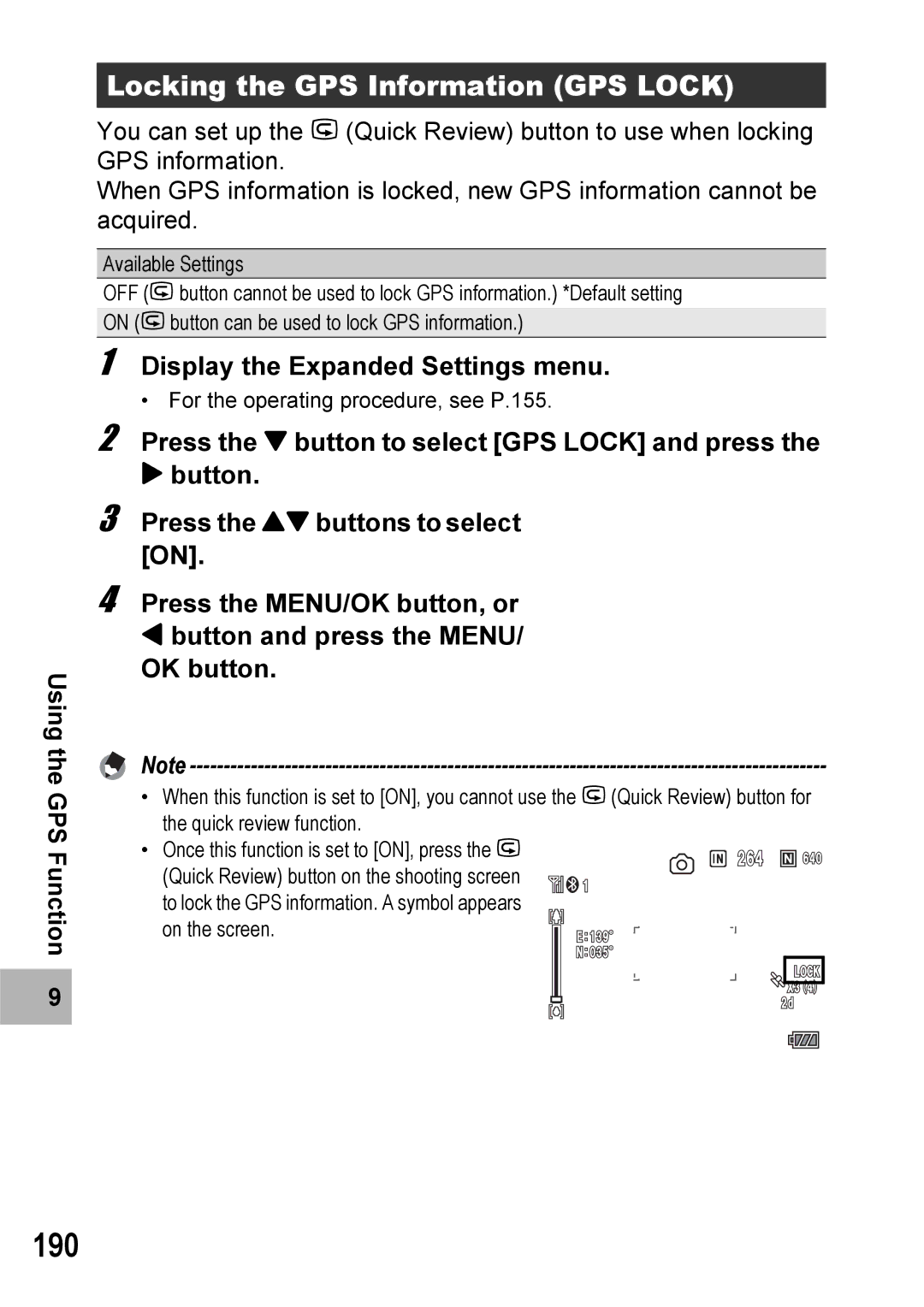 Ricoh 500SE manual 190, Locking the GPS Information GPS Lock 