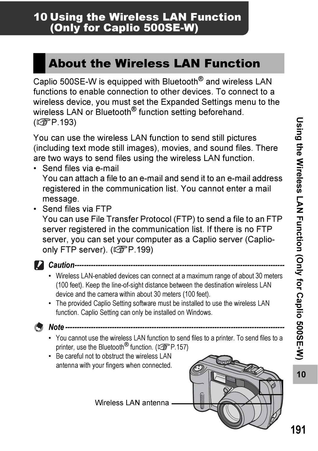 Ricoh manual About the Wireless LAN Function, 191, Using the Wireless LAN Function Only for Caplio 500SE-W 