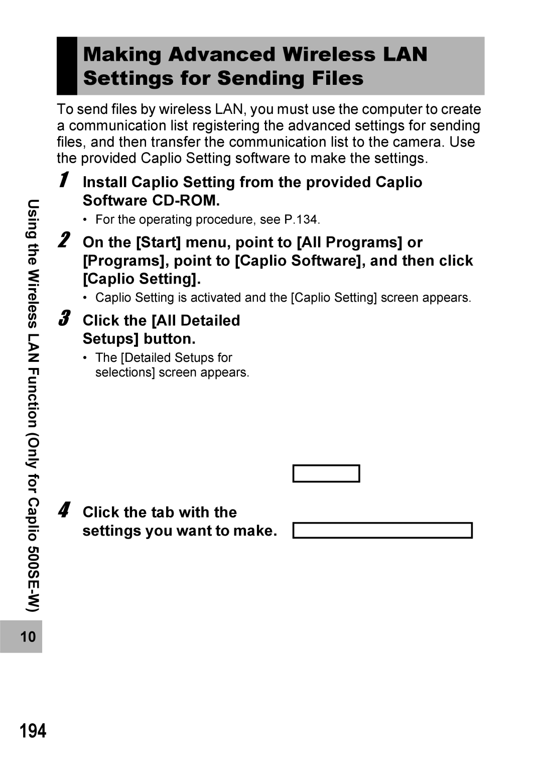 Ricoh 500SE manual Making Advanced Wireless LAN Settings for Sending Files, 194, Click the All Detailed Setups button 