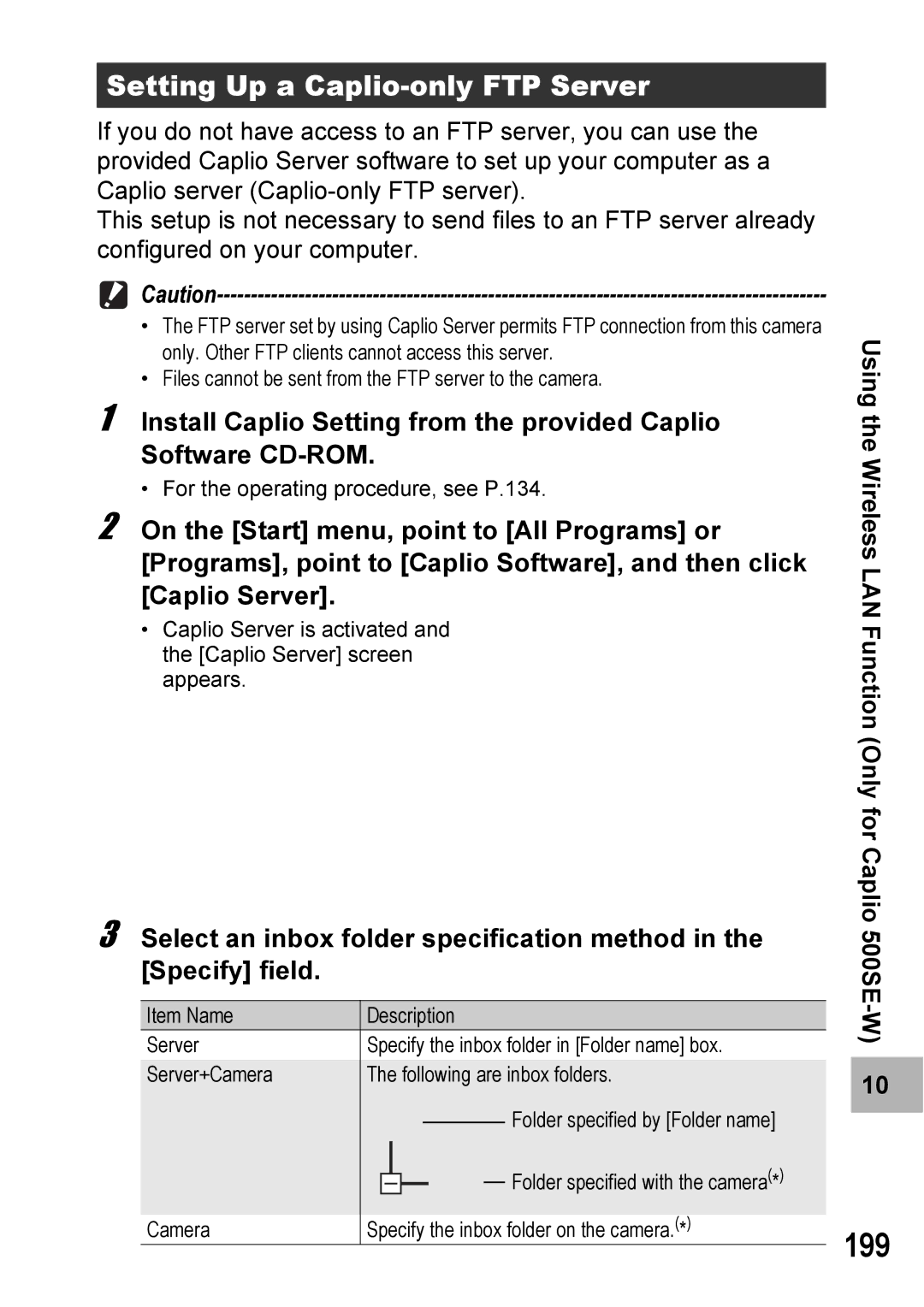 Ricoh 500SE manual 199, Setting Up a Caplio-only FTP Server 