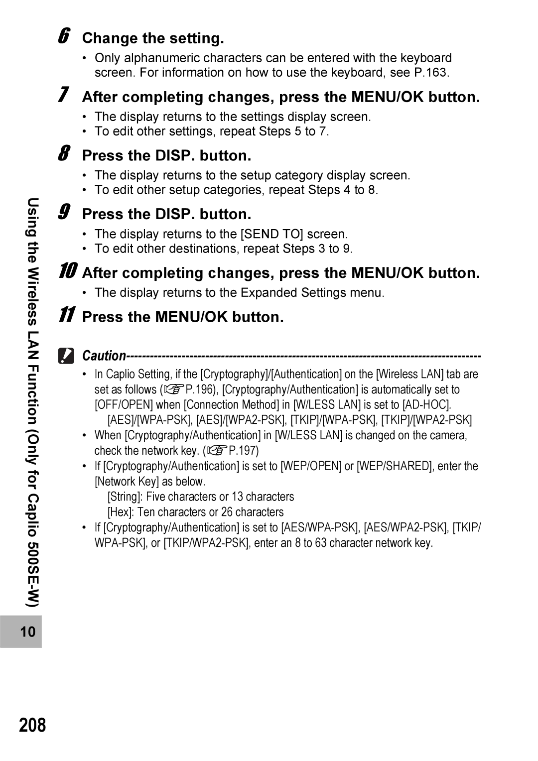 Ricoh 500SE manual 208, Change the setting, After completing changes, press the MENU/OK button 