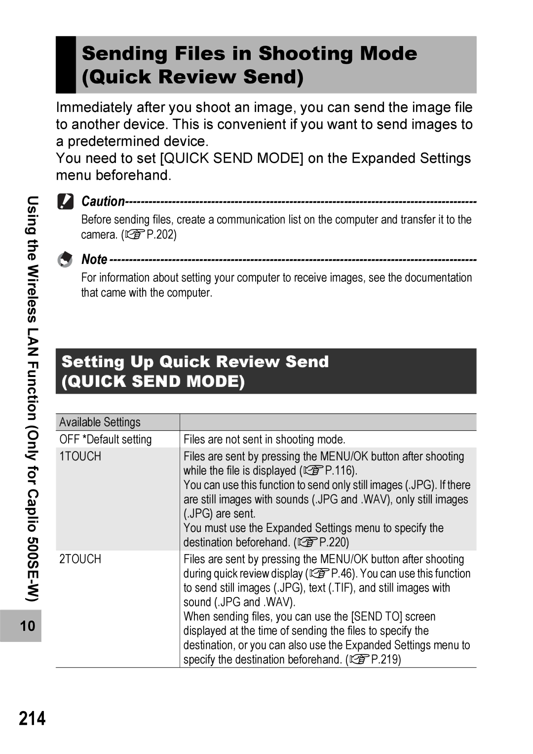 Ricoh 500SE manual Sending Files in Shooting Mode Quick Review Send, 214, Setting Up Quick Review Send 