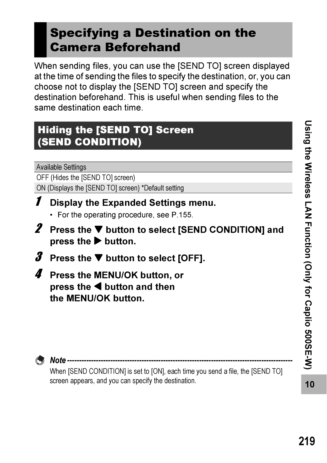 Ricoh 500SE manual Specifying a Destination on the Camera Beforehand, 219, Hiding the Send to Screen 