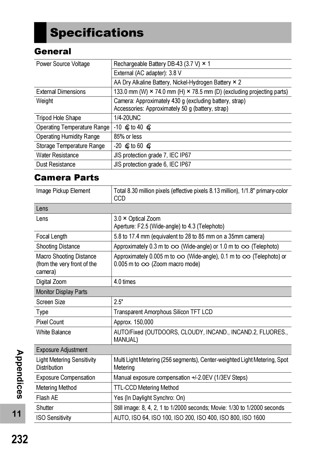 Ricoh 500SE manual Specifications, 232, General, Camera Parts 