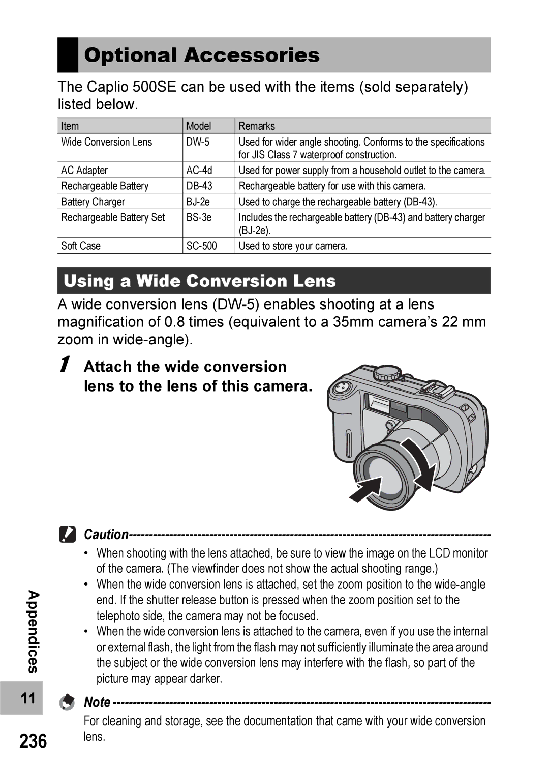 Ricoh 500SE manual Optional Accessories, 236, Using a Wide Conversion Lens 