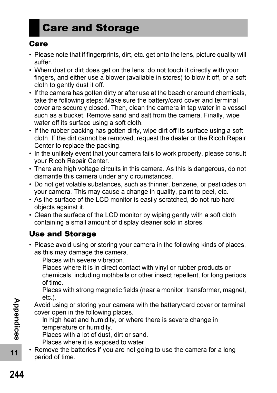 Ricoh 500SE manual Care and Storage, 244, Use and Storage 