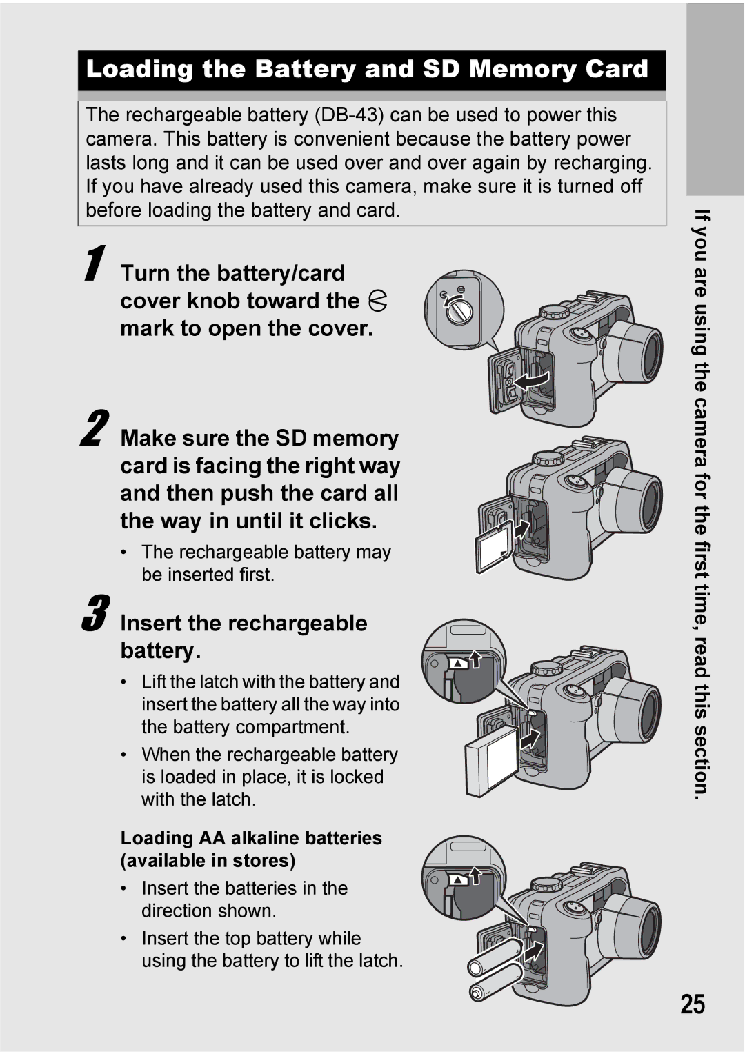 Ricoh 500SE manual Loading the Battery and SD Memory Card, Insert the rechargeable battery 