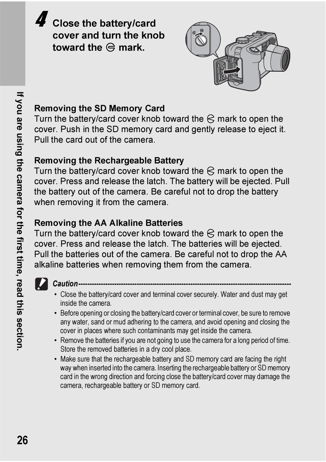 Ricoh 500SE manual Removing the Rechargeable Battery, Removing the AA Alkaline Batteries 