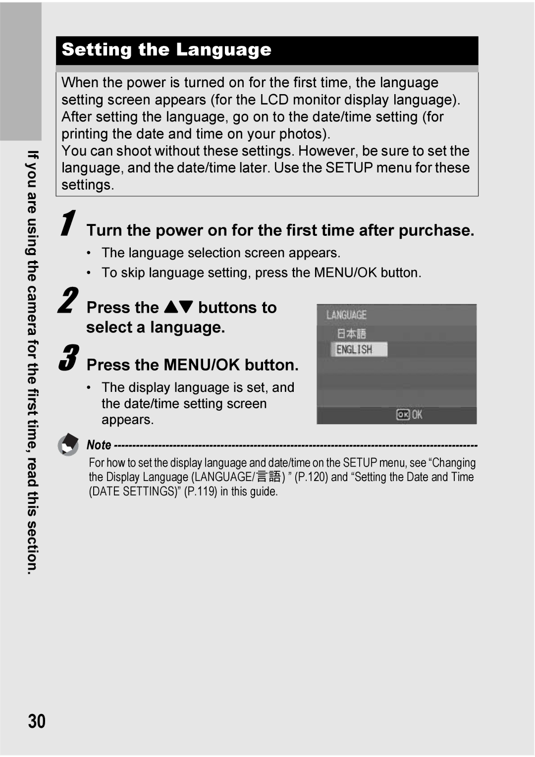 Ricoh 500SE manual Setting the Language, Turn the power on for the first time after purchase 