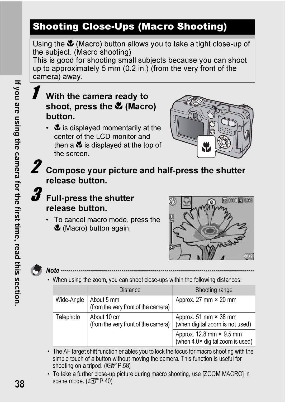 Ricoh 500SE manual Shooting Close-Ups Macro Shooting, With the camera ready to shoot, press the N Macro button 