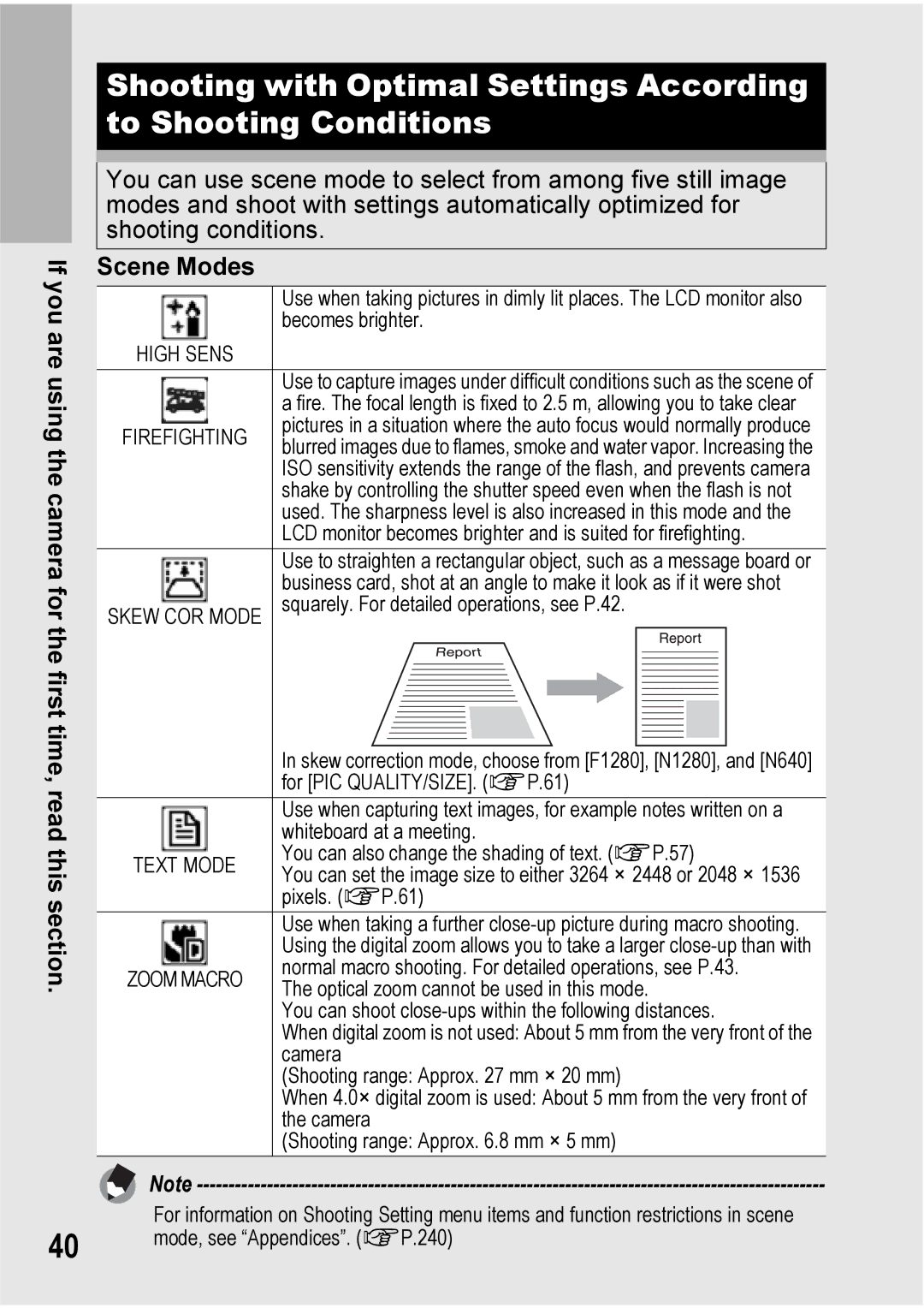 Ricoh 500SE manual Scene Modes, High Sens, Firefighting, Skew COR Mode, Text Mode 