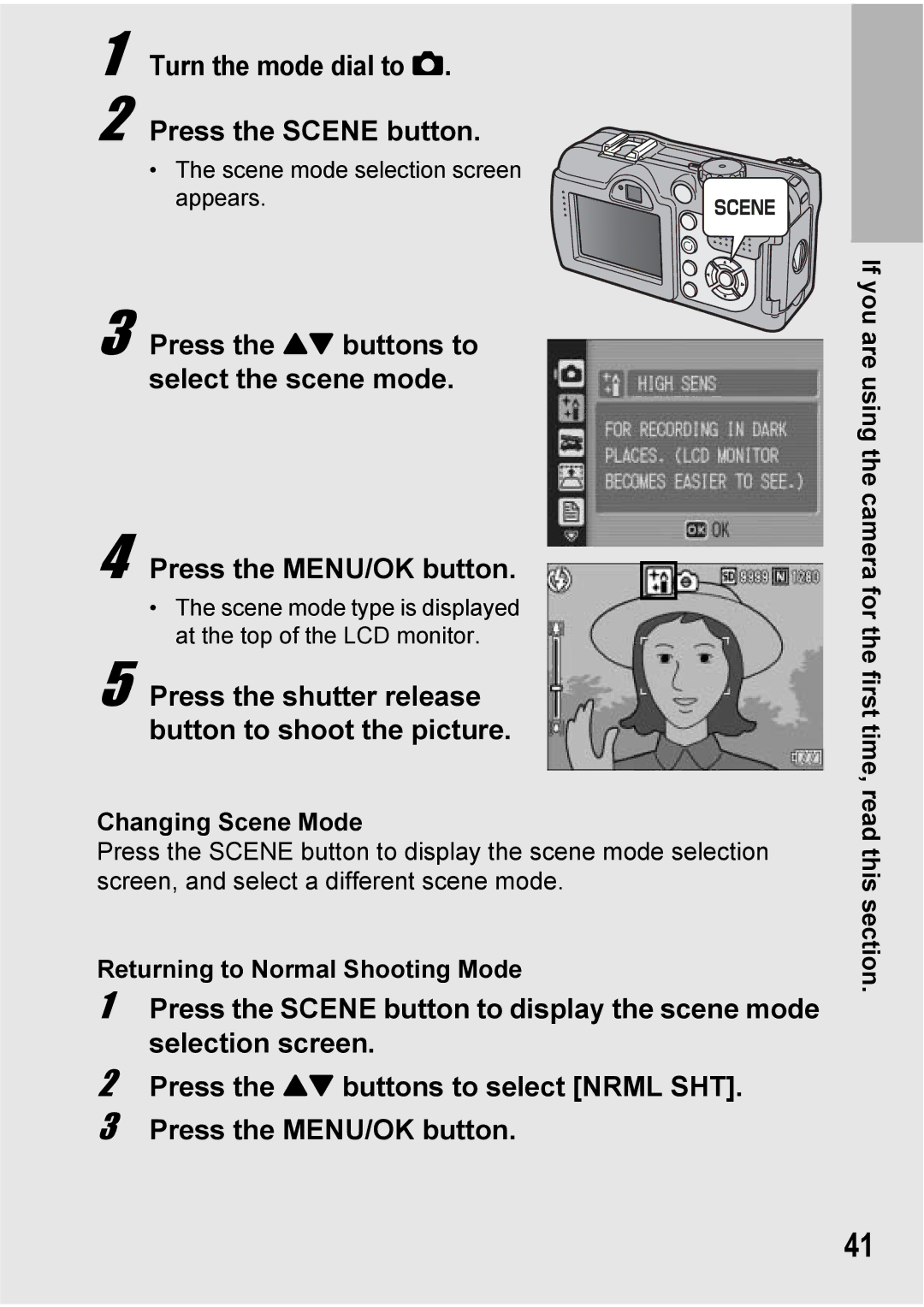 Ricoh 500SE manual Turn the mode dial to Press the Scene button, Press the shutter release button to shoot the picture 