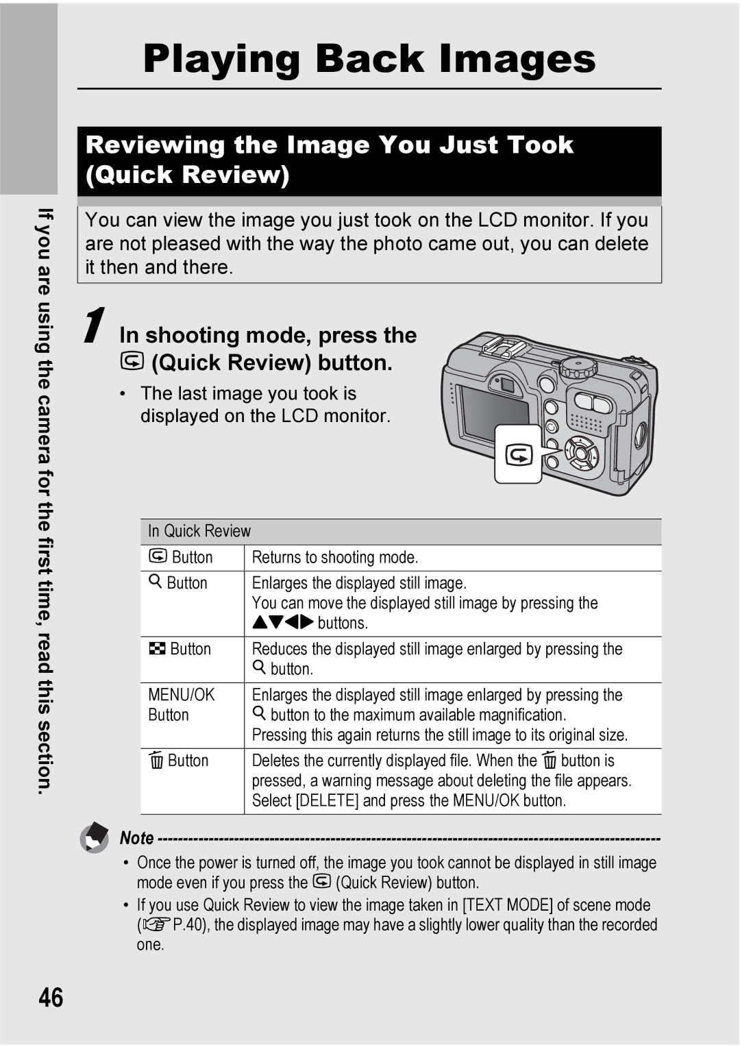 Ricoh 500SE manual Reviewing the Image You Just Took Quick Review, Shooting mode, press the Q Quick Review button, Menu/Ok 