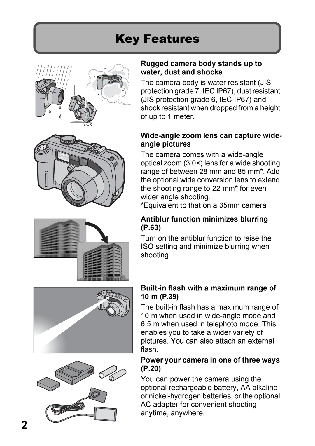 Ricoh 500SE manual Key Features, Rugged camera body stands up to water, dust and shocks 