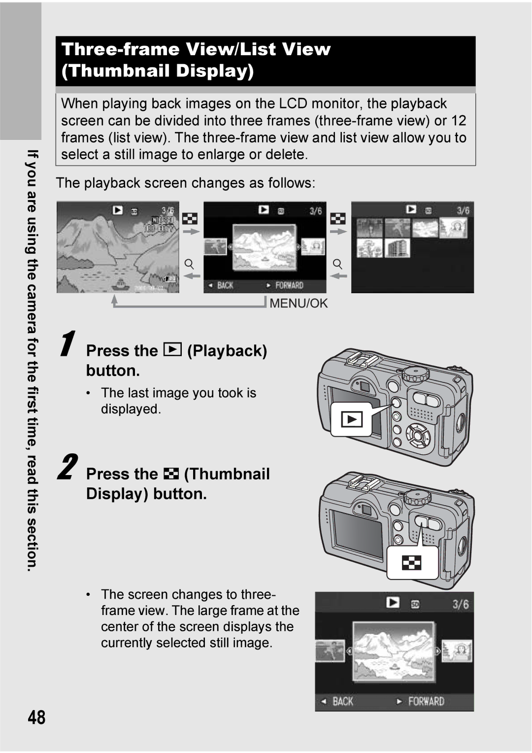 Ricoh 500SE manual Three-frame View/List View Thumbnail Display, Press the 9 Thumbnail Display button 