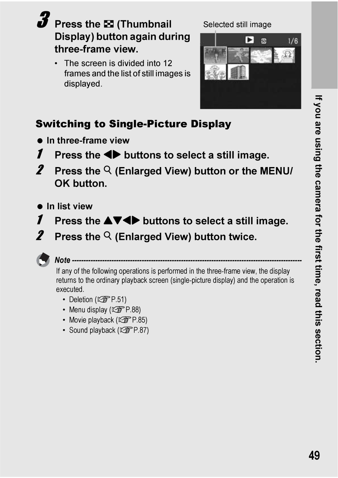 Ricoh 500SE manual Press the 9 Thumbnail, Display button again during Three-frame view, Switching to Single-Picture Display 