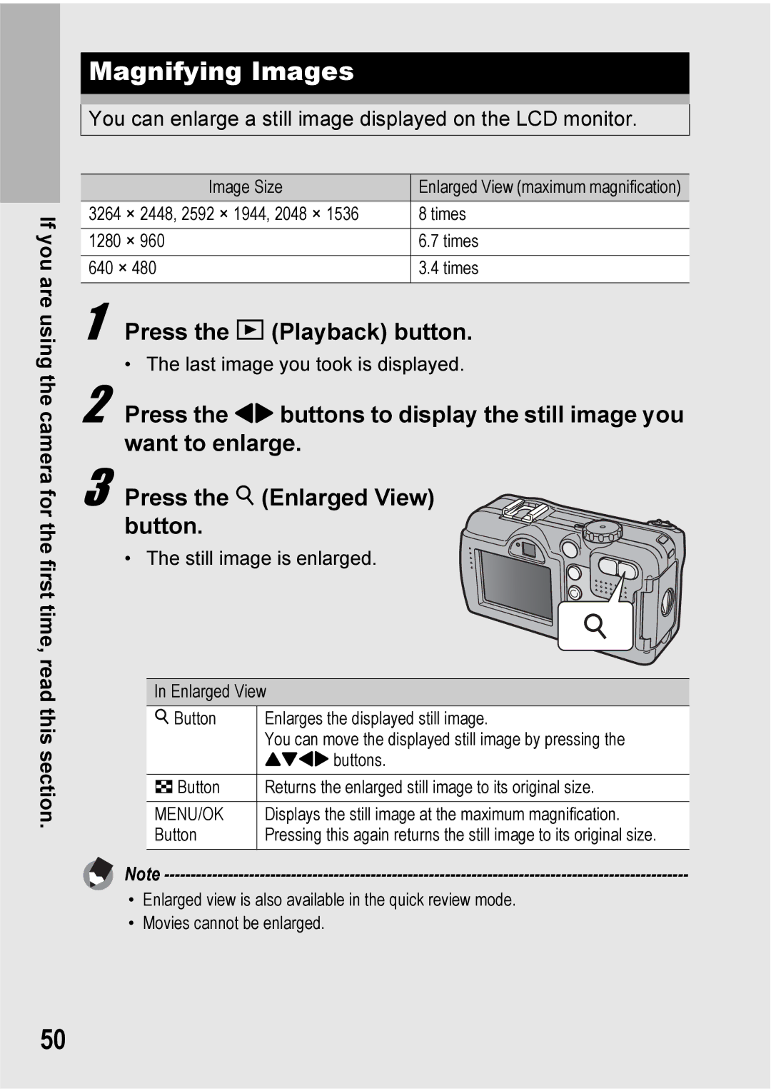 Ricoh 500SE manual Magnifying Images, You can enlarge a still image displayed on the LCD monitor 