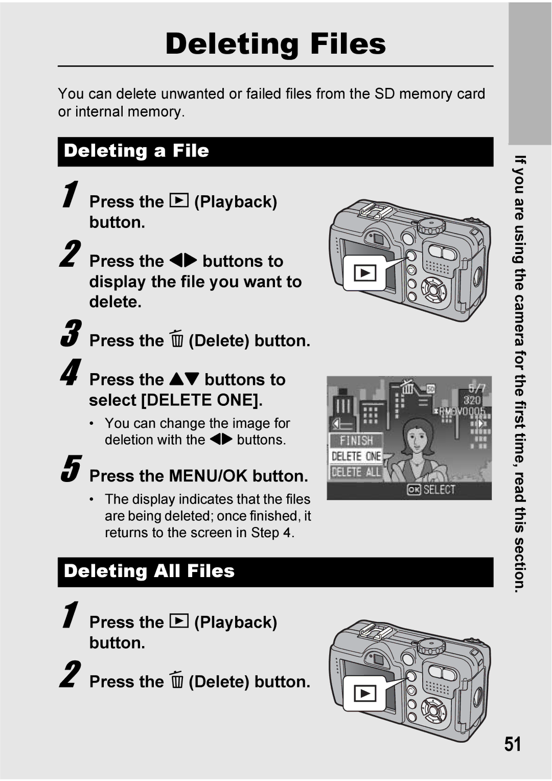 Ricoh 500SE manual Deleting a File, Deleting All Files, Press the 6 Playback button Press the D Delete button 