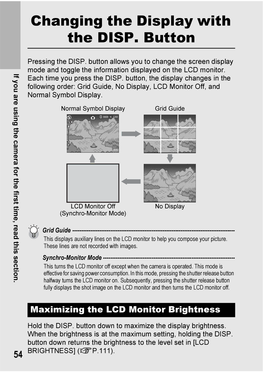 Ricoh 500SE manual Changing the Display with DISP. Button, Maximizing the LCD Monitor Brightness 