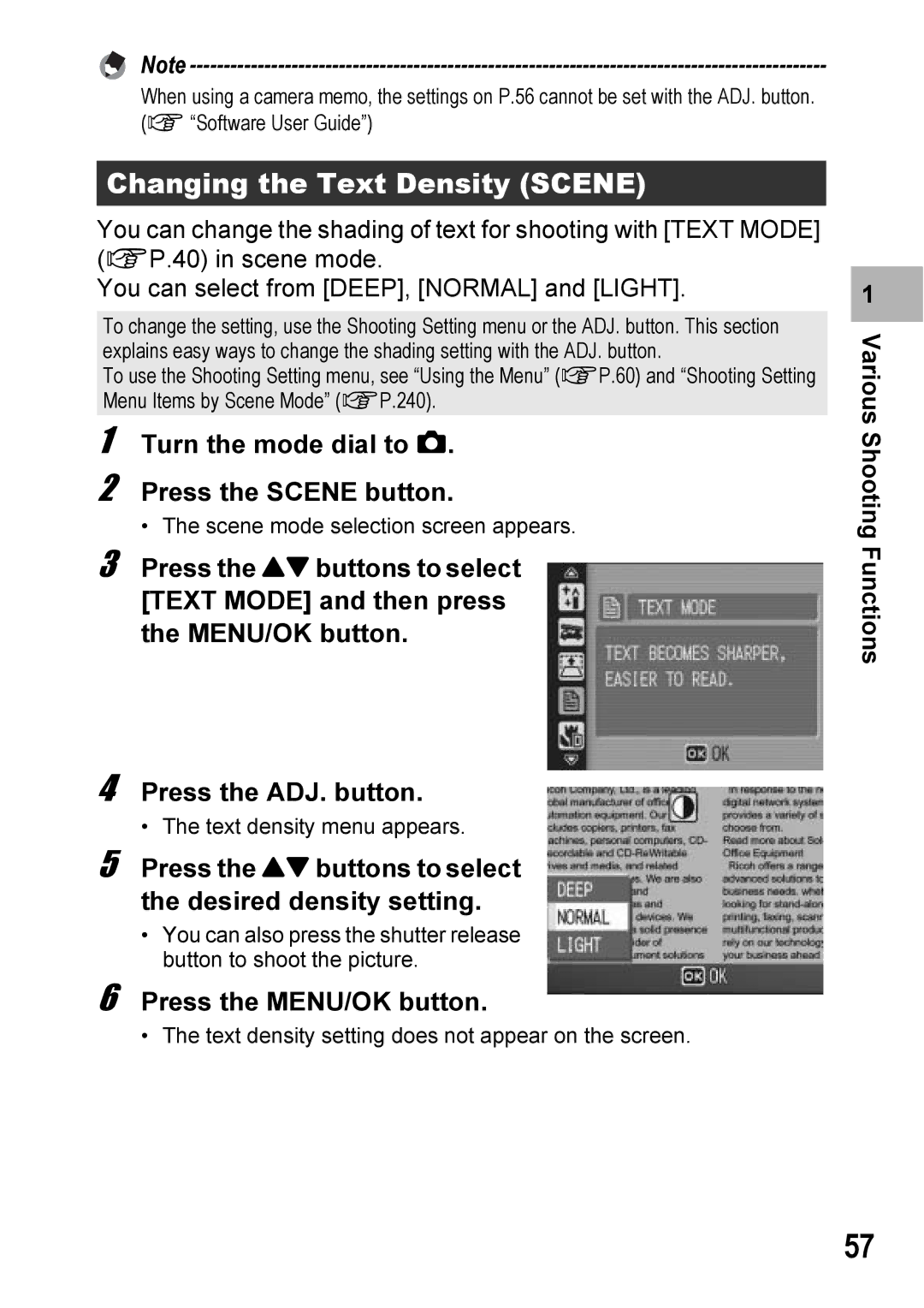 Ricoh 500SE manual Changing the Text Density Scene, Turn the mode dial to Press the Scene button, Press the MENU/OK button 